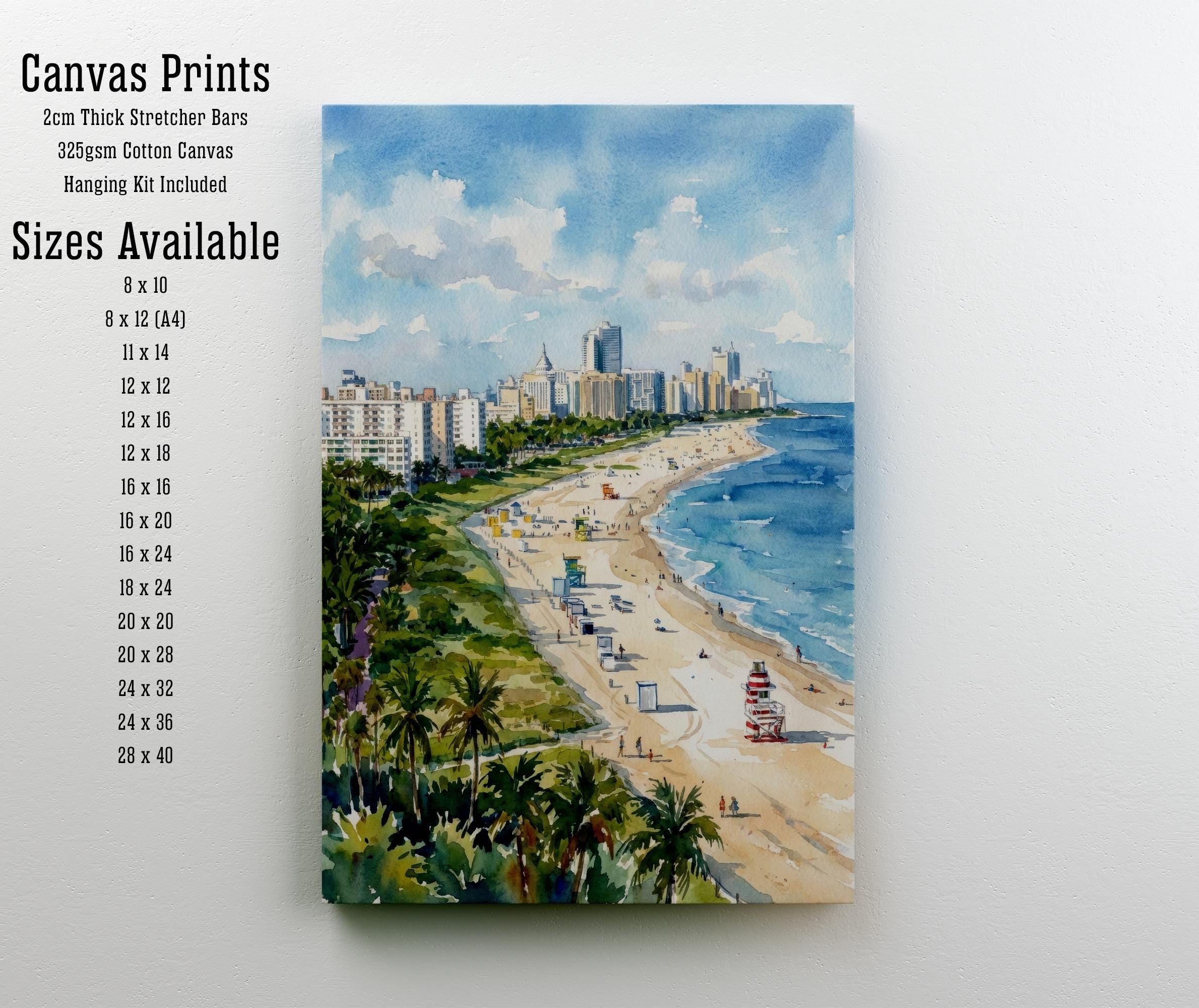 Miami Beach Watercolor Painting Poster Florida USA Wall Art Coastal Landscape Print Gift for American Travel Lovers and Fans of Scenic