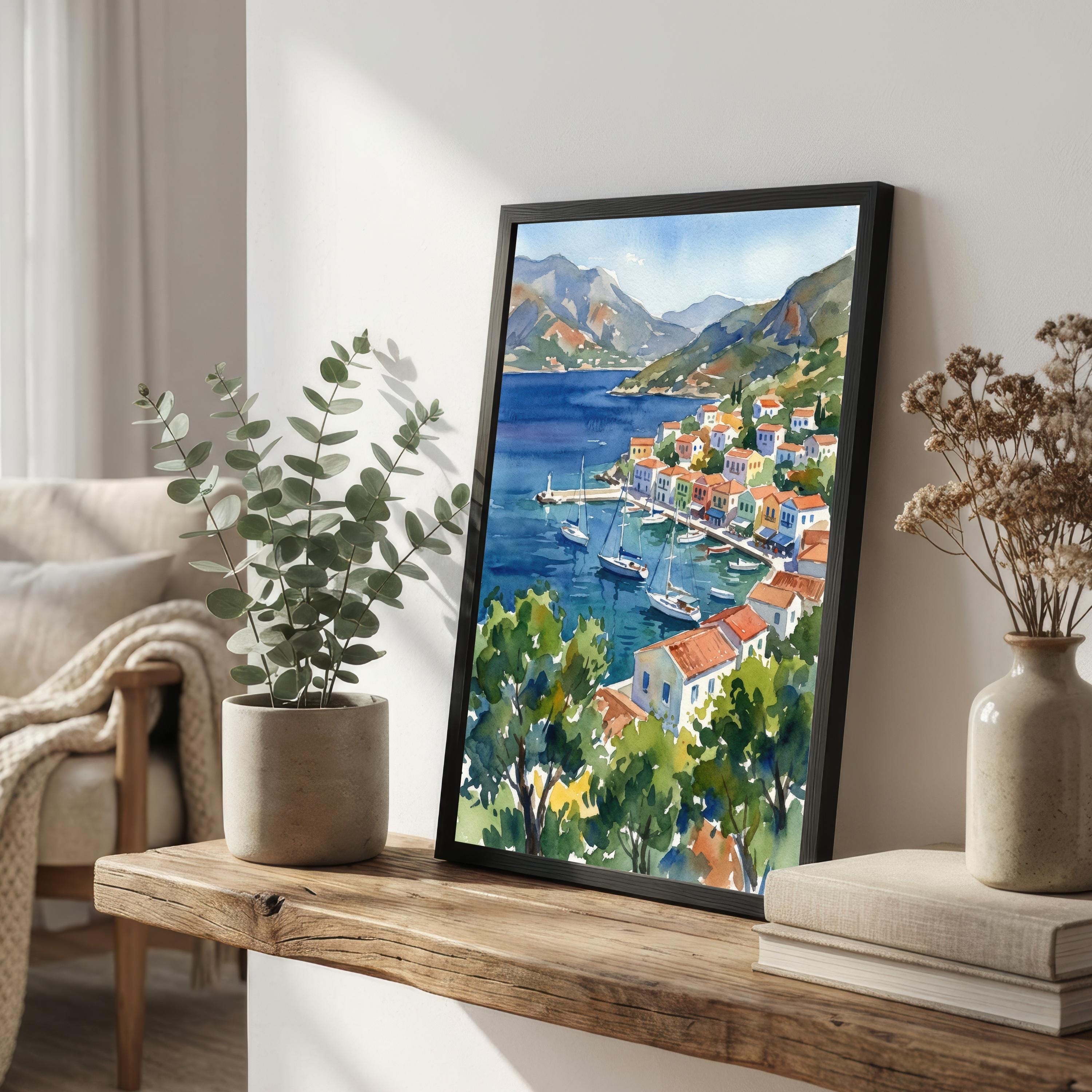 Simi Greece Watercolor Print, Coastal Island Art