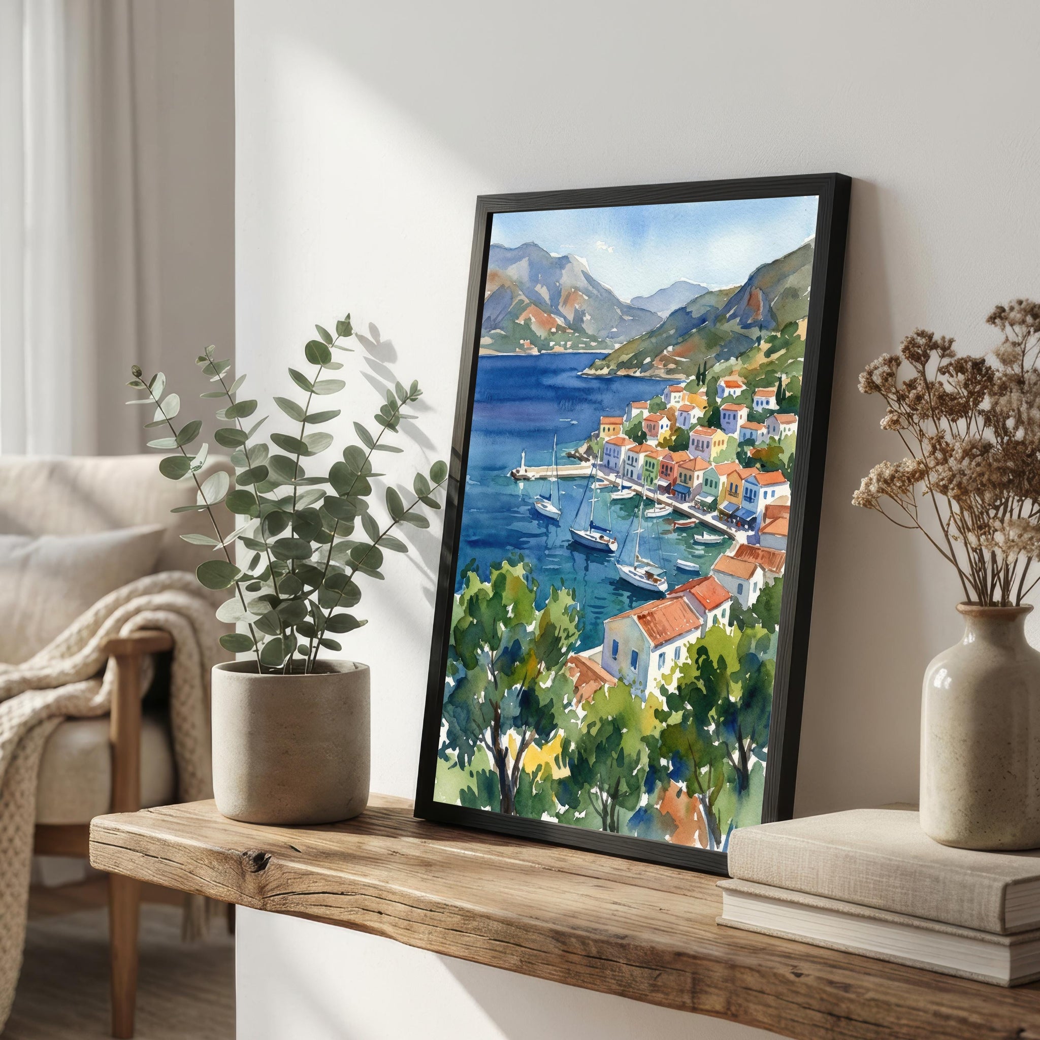 Simi Greece Watercolor Print, Coastal Island Art