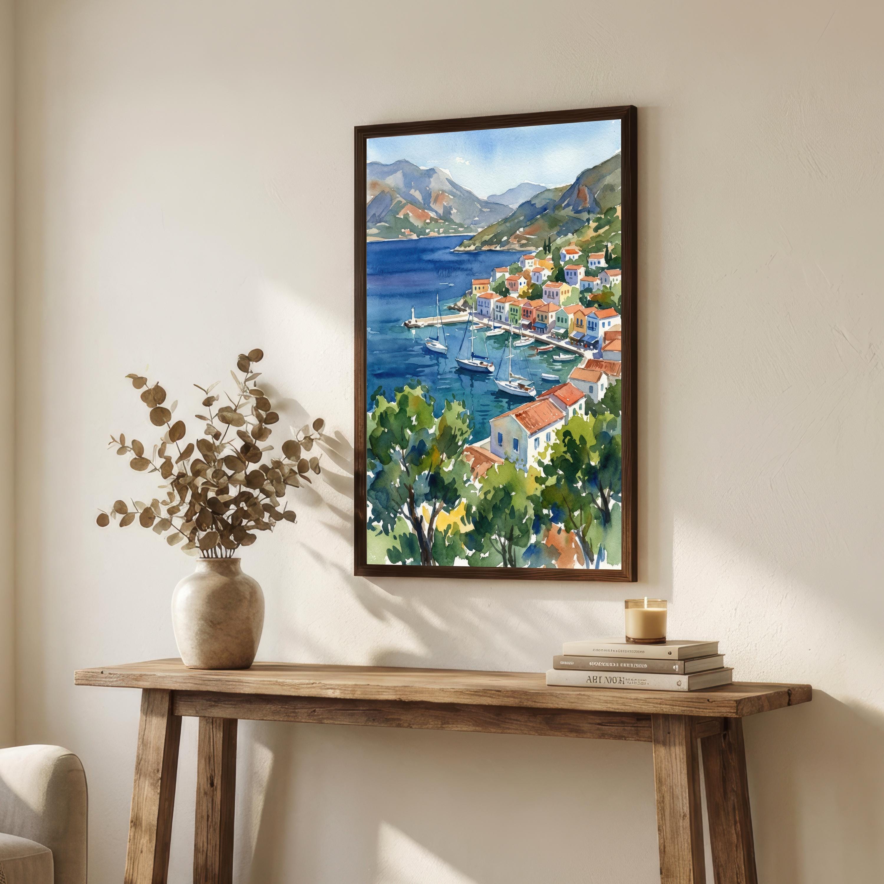 Simi Greece Watercolor Print, Coastal Island Art