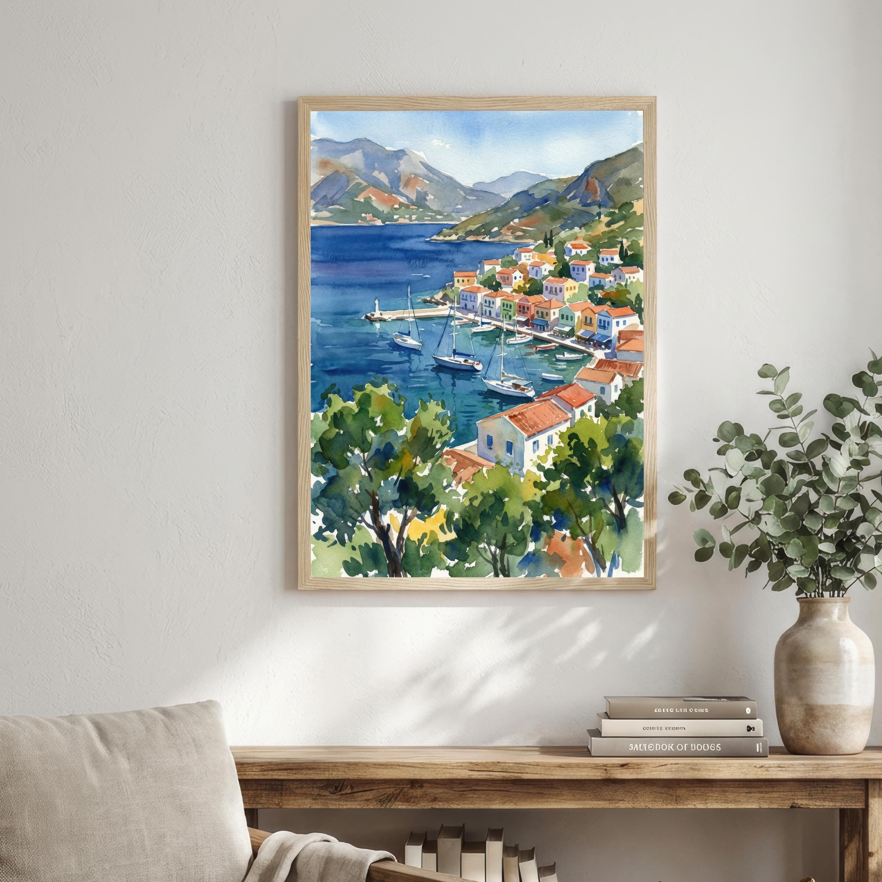 Simi Greece Watercolor Print, Coastal Island Art