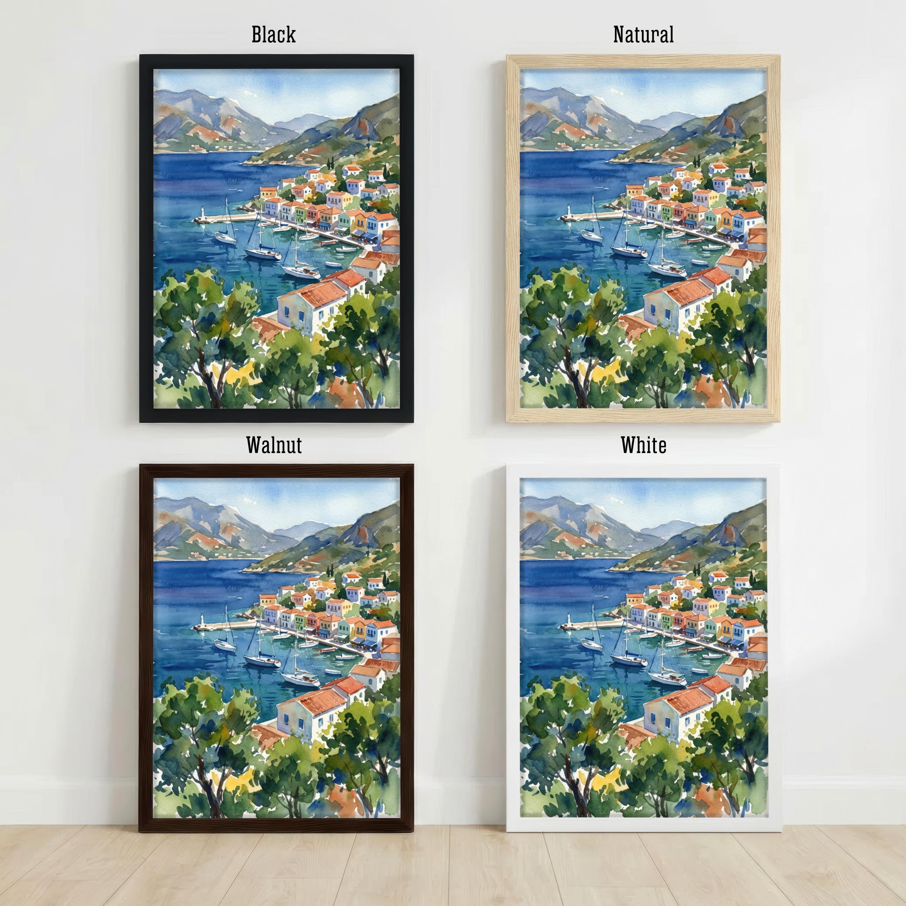 Simi Greece Watercolor Print, Coastal Island Art