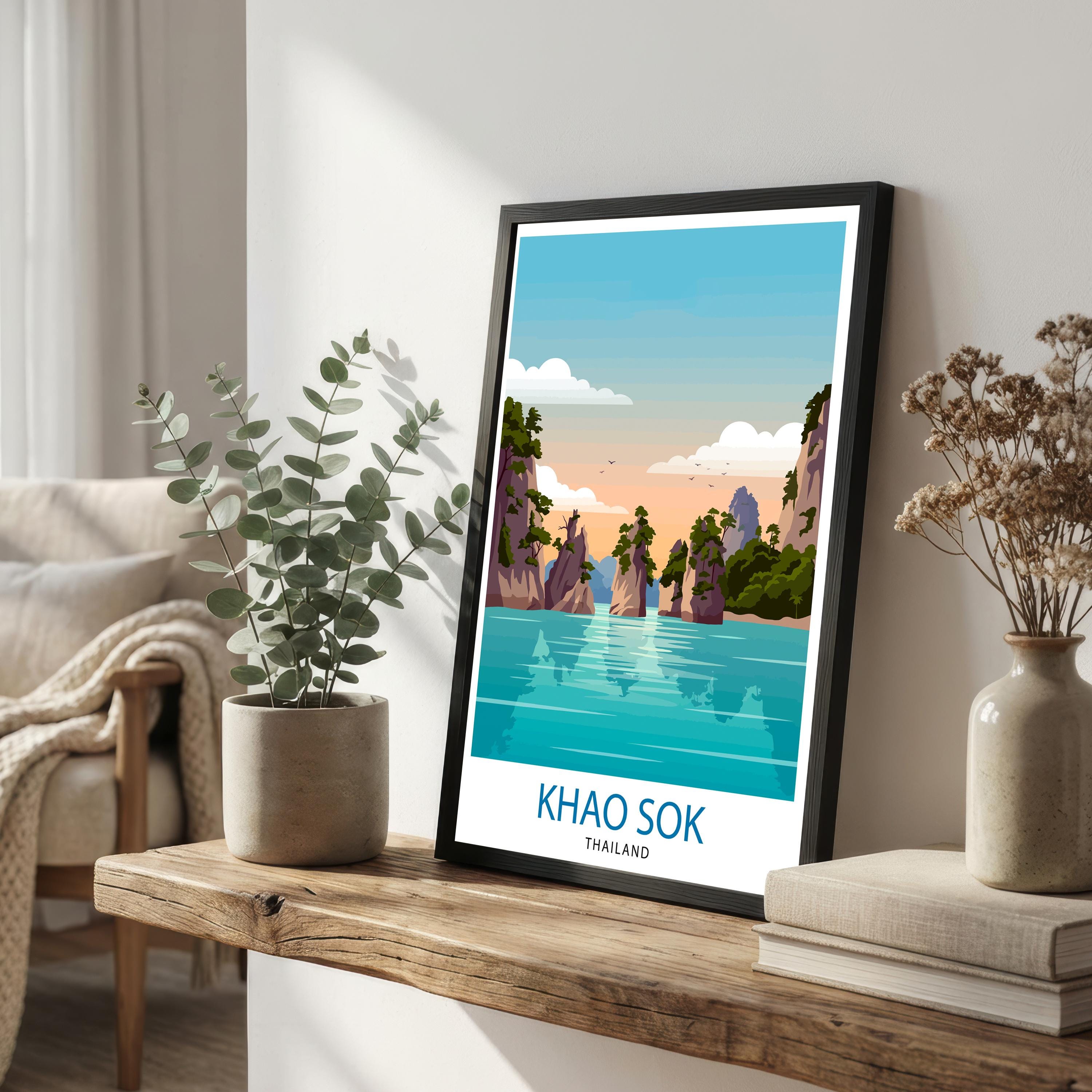 Khao Sok Thailand Travel Poster Print Wall Art Jungle Lake Landscape Decor Gift for Asia Adventure Lovers and Fans of Scenic Tropical Nature