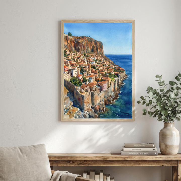 Monemvasia Watercolour Painting Poster Greece Wall Art Coastal Landscape Print Gift for Europe Travel Lovers and Fans of Scenic Historic