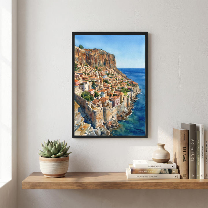 Monemvasia Watercolour Painting Poster Greece Wall Art Coastal Landscape Print Gift for Europe Travel Lovers and Fans of Scenic Historic