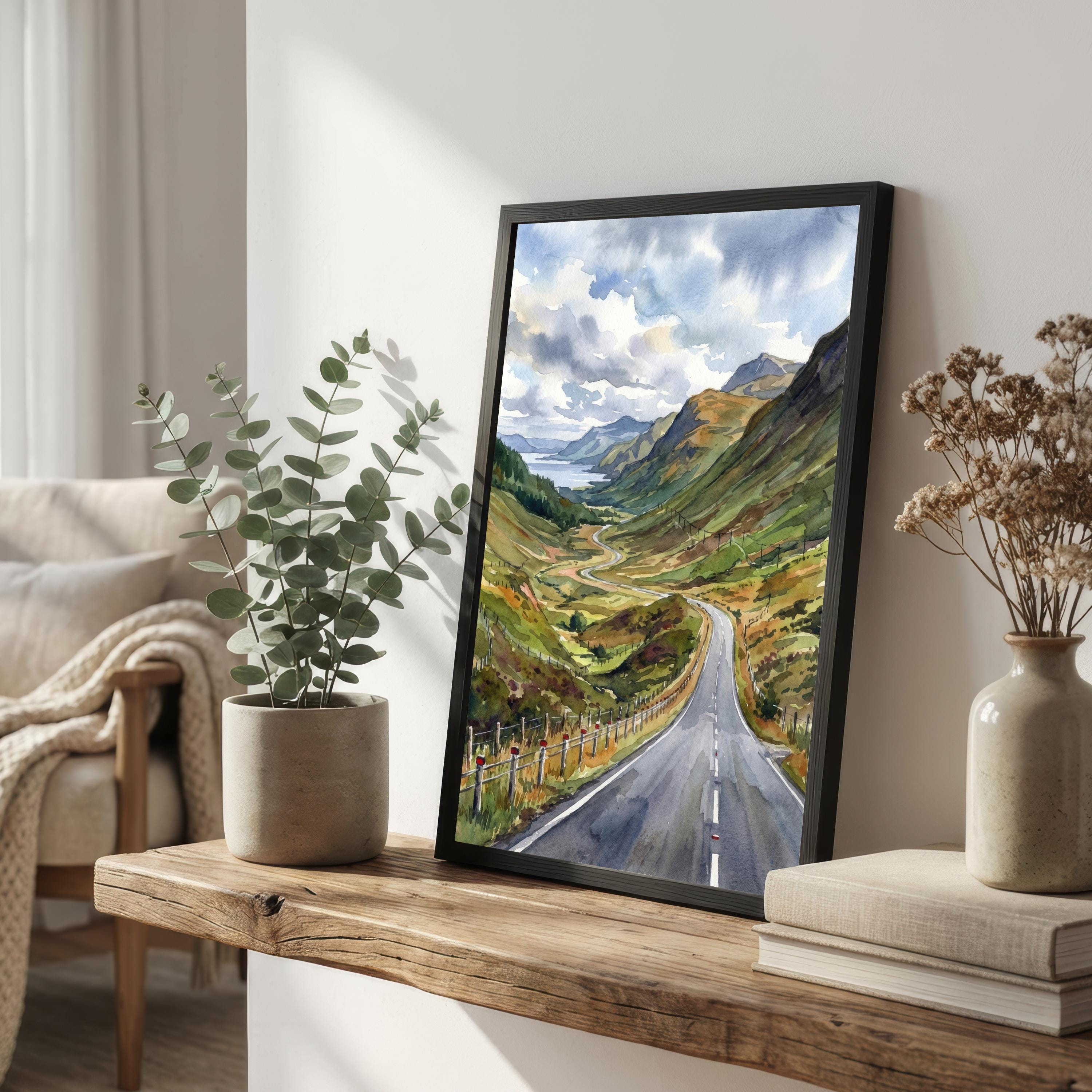 North Coast 500 Watercolour Painting Poster Scotland Wall Art Coastal Landscape Print Gift for UK Travel Lovers and Fans of Scenic Highland