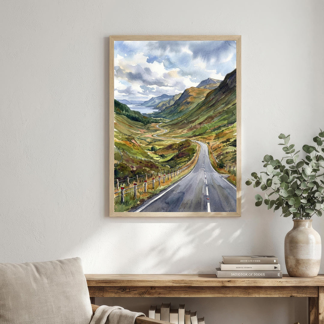 North Coast 500 Watercolour Painting Poster Scotland Wall Art Coastal Landscape Print Gift for UK Travel Lovers and Fans of Scenic Highland