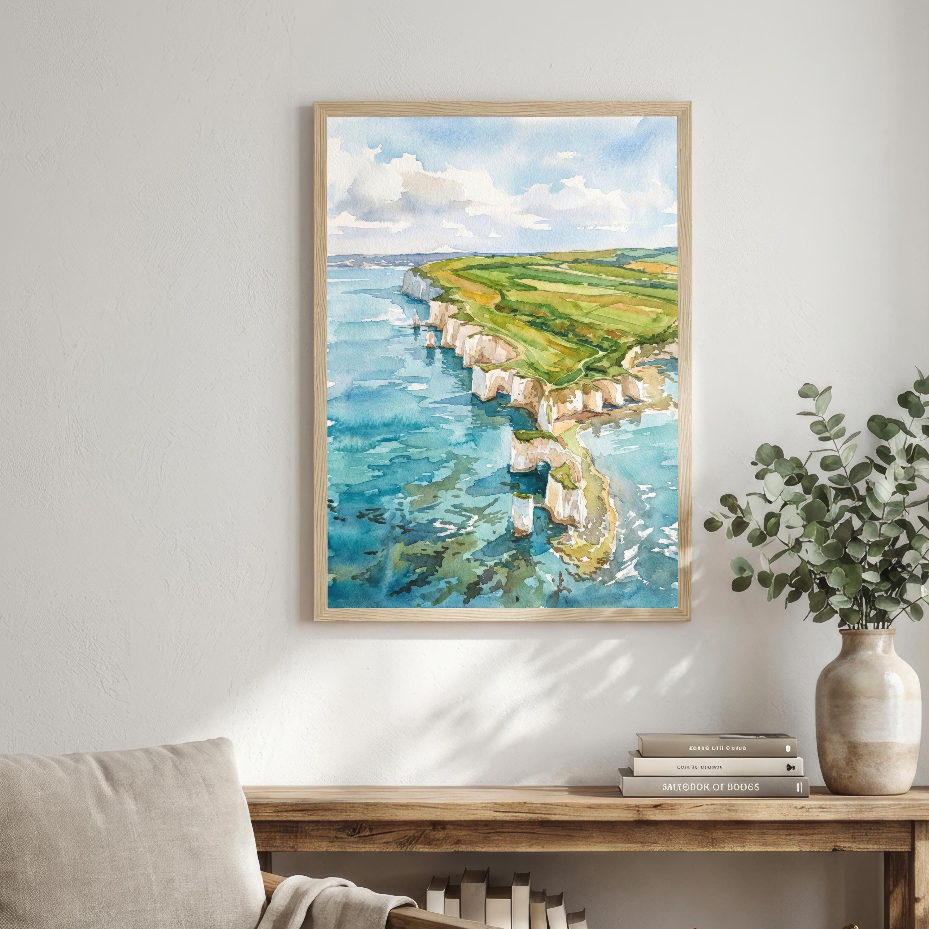 Swanage Coast Watercolour Painting, Dorset Seaside Art Print
