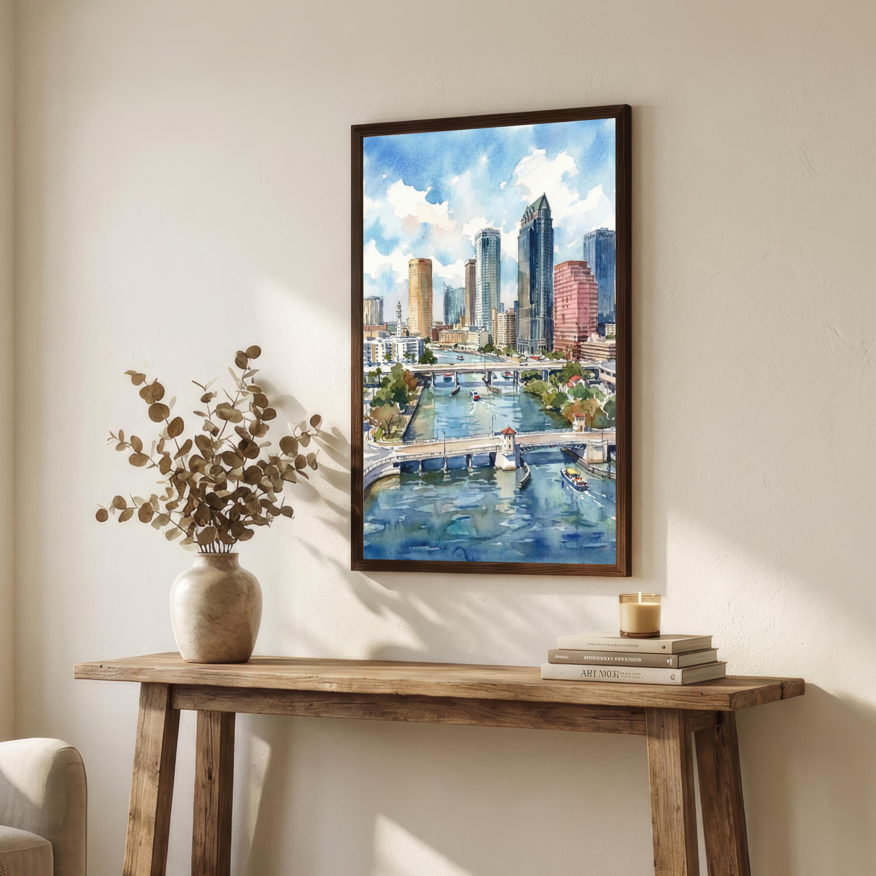 Tampa Florida Watercolor Print, Coastal Cityscape Wall Art