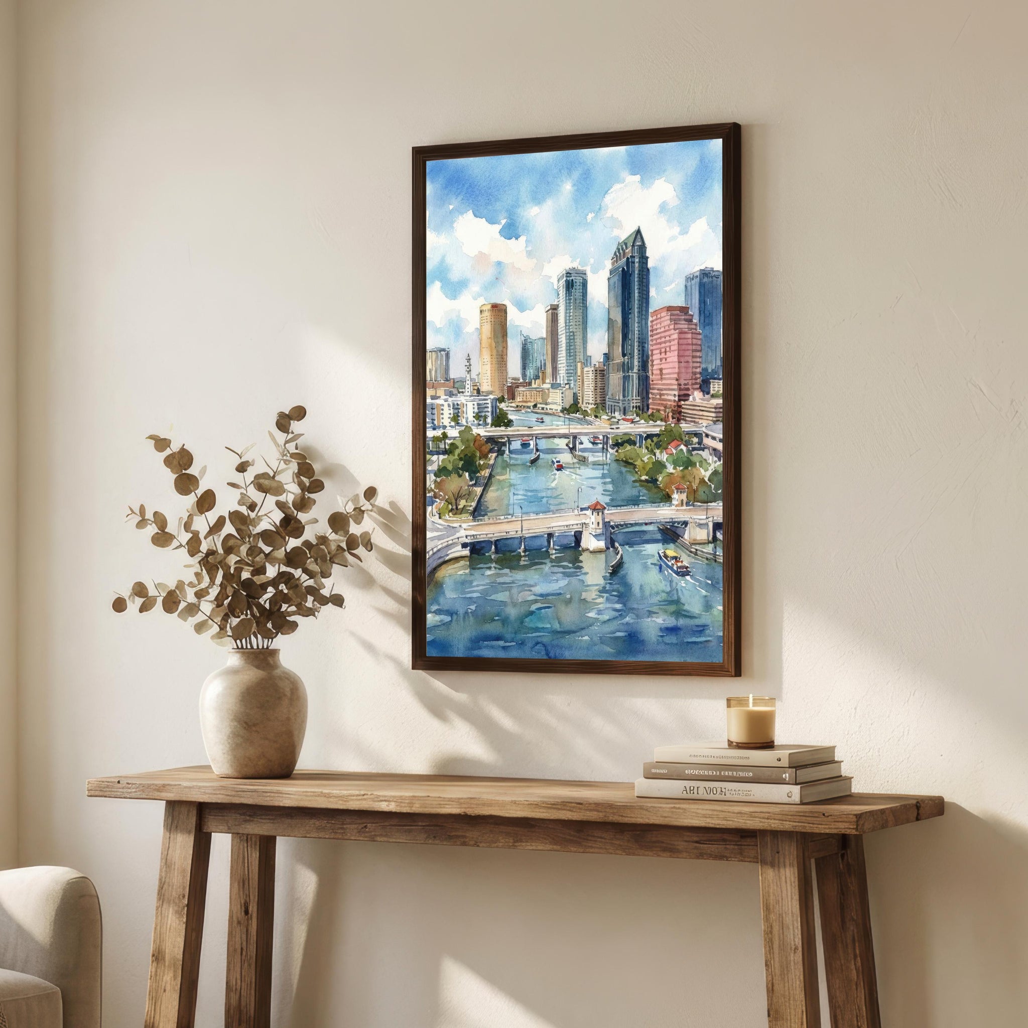 Tampa Florida Watercolor Print, Coastal Cityscape Wall Art