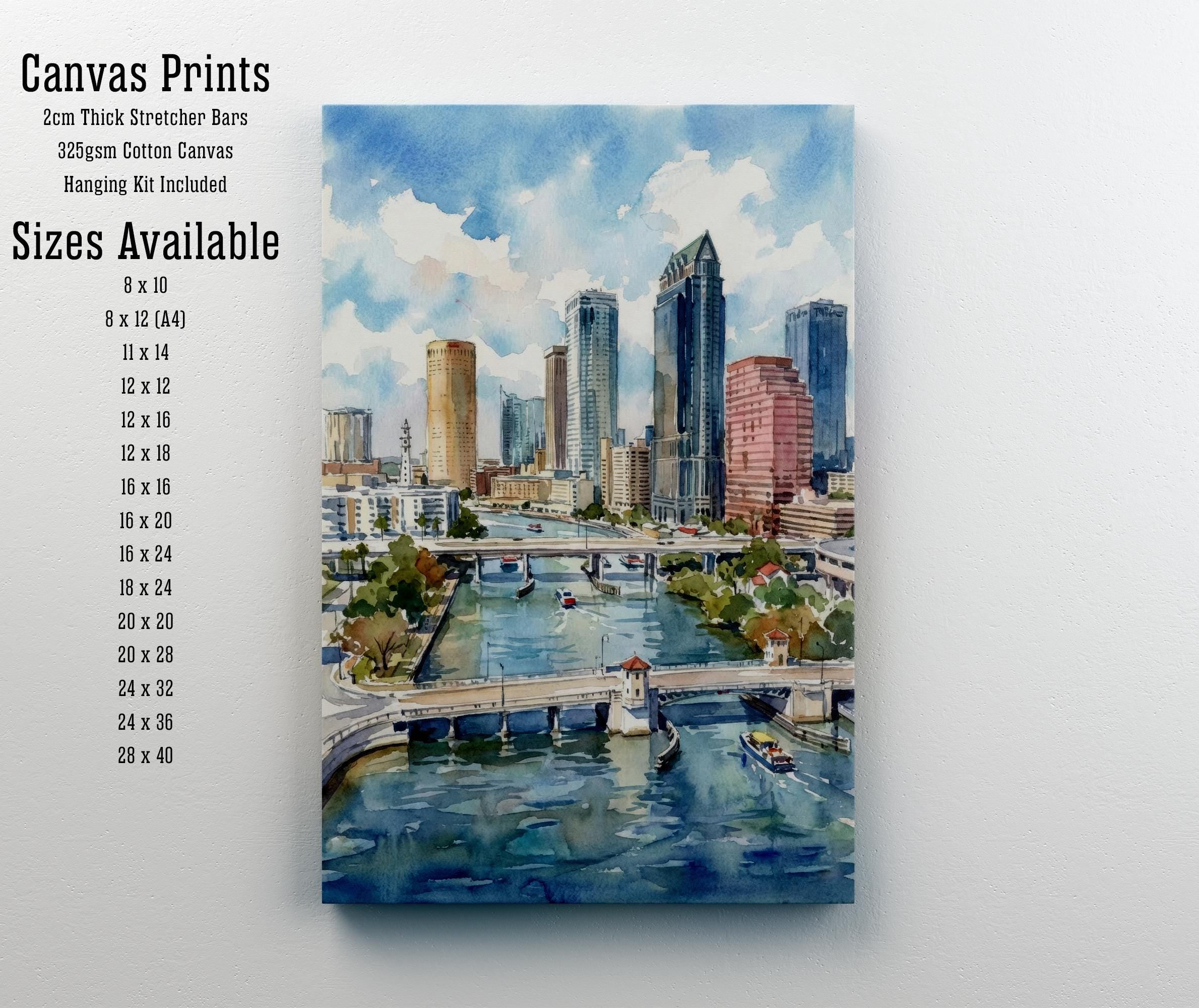 Tampa Florida Watercolor Print, Coastal Cityscape Wall Art