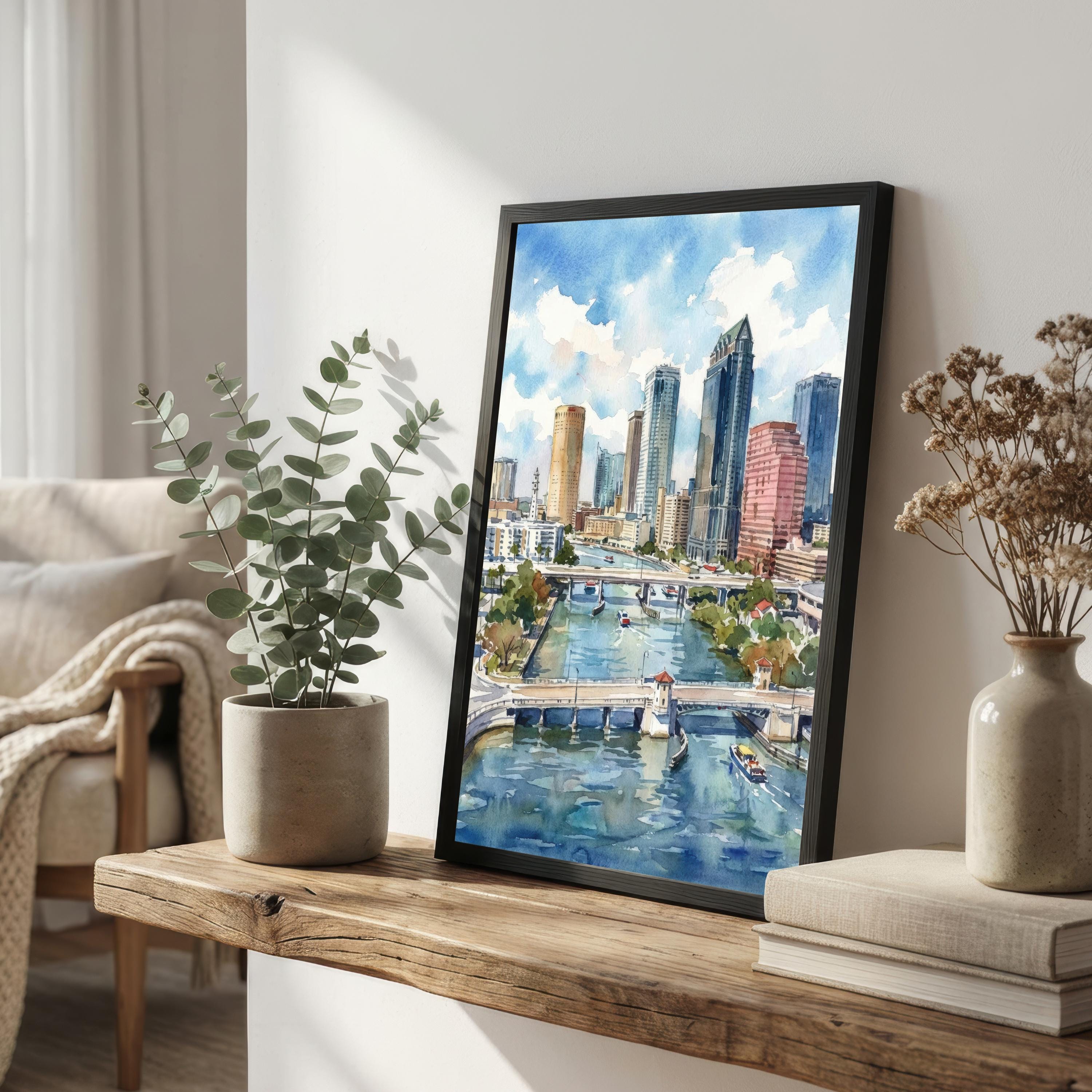 Tampa Florida Watercolor Print, Coastal Cityscape Wall Art