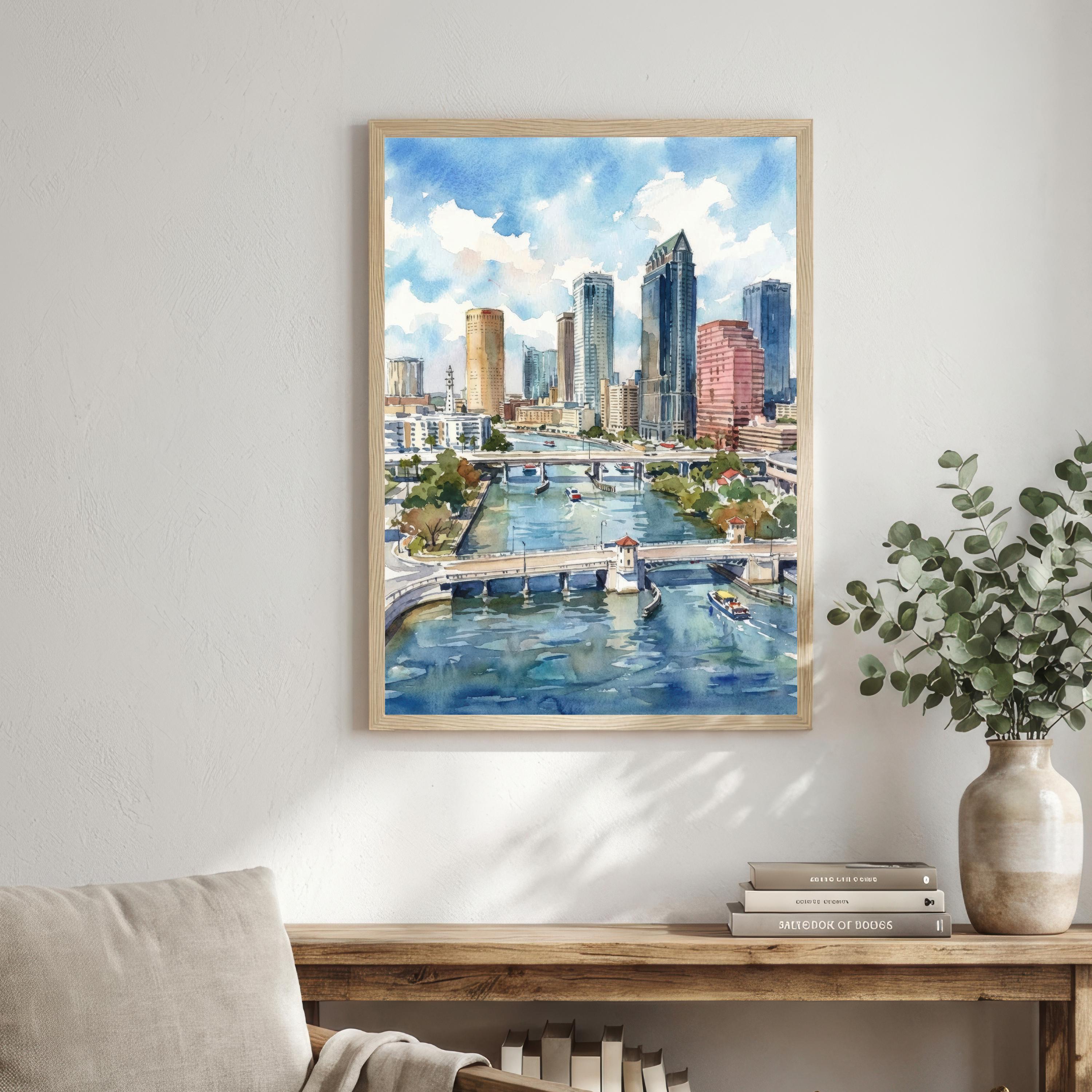 Tampa Florida Watercolor Print, Coastal Cityscape Wall Art