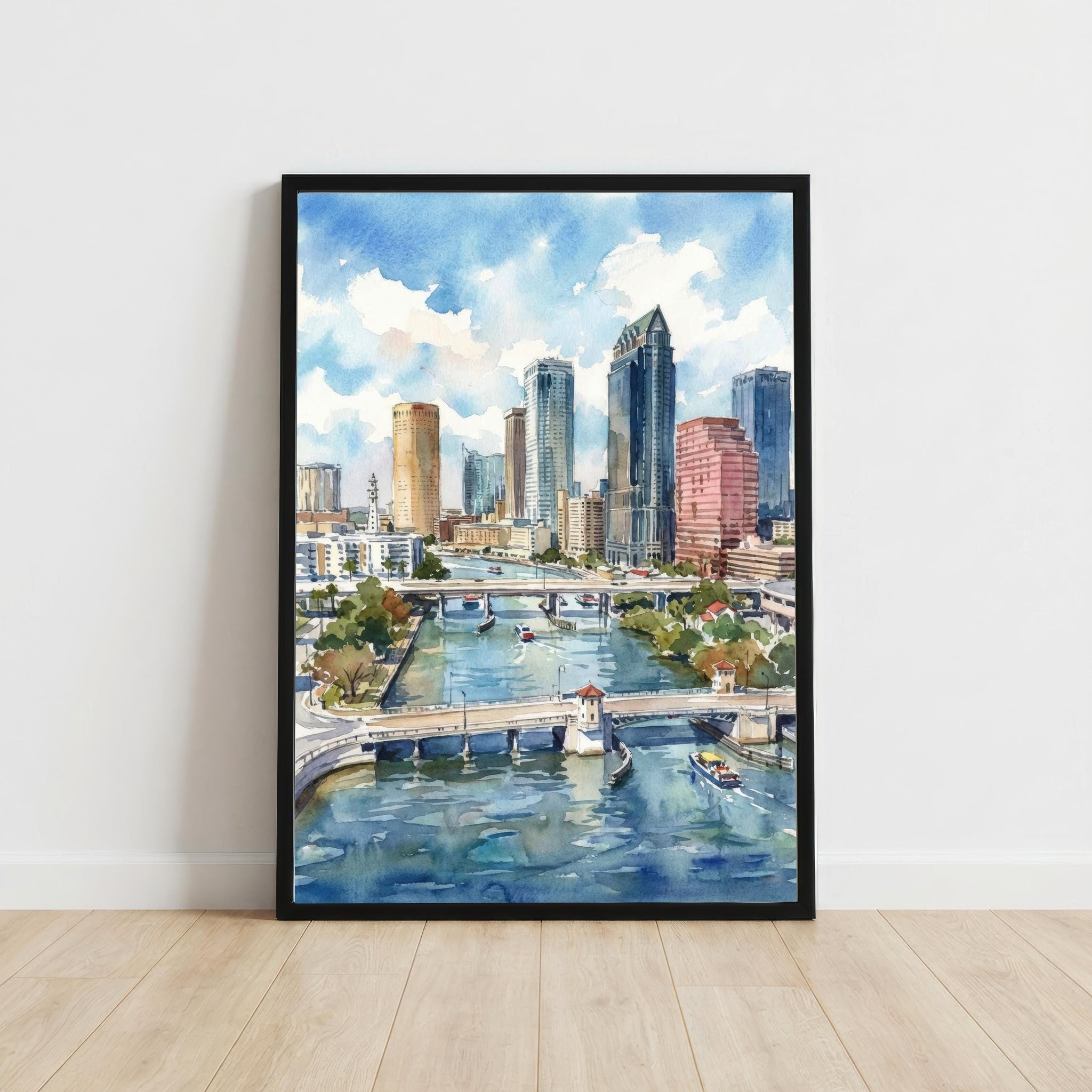 Tampa Florida Watercolor Print, Coastal Cityscape Wall Art
