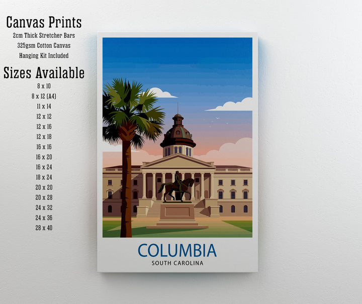 Columbia South Carolina Travel Poster Print Wall Art Cityscape Decor Gift for USA Road Trip Fans and Lovers of Scenic Southern Historic