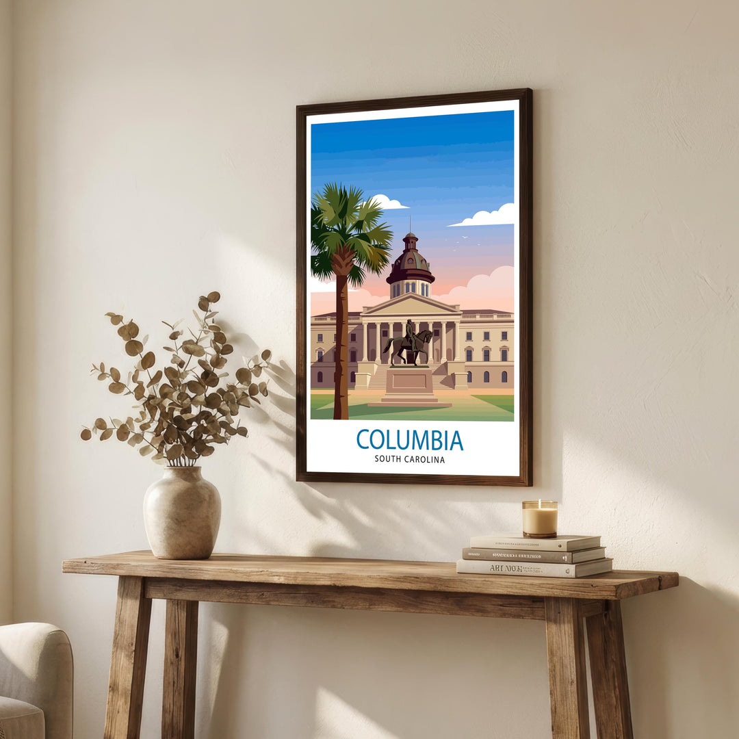 Columbia South Carolina Travel Poster Print Wall Art Cityscape Decor Gift for USA Road Trip Fans and Lovers of Scenic Southern Historic