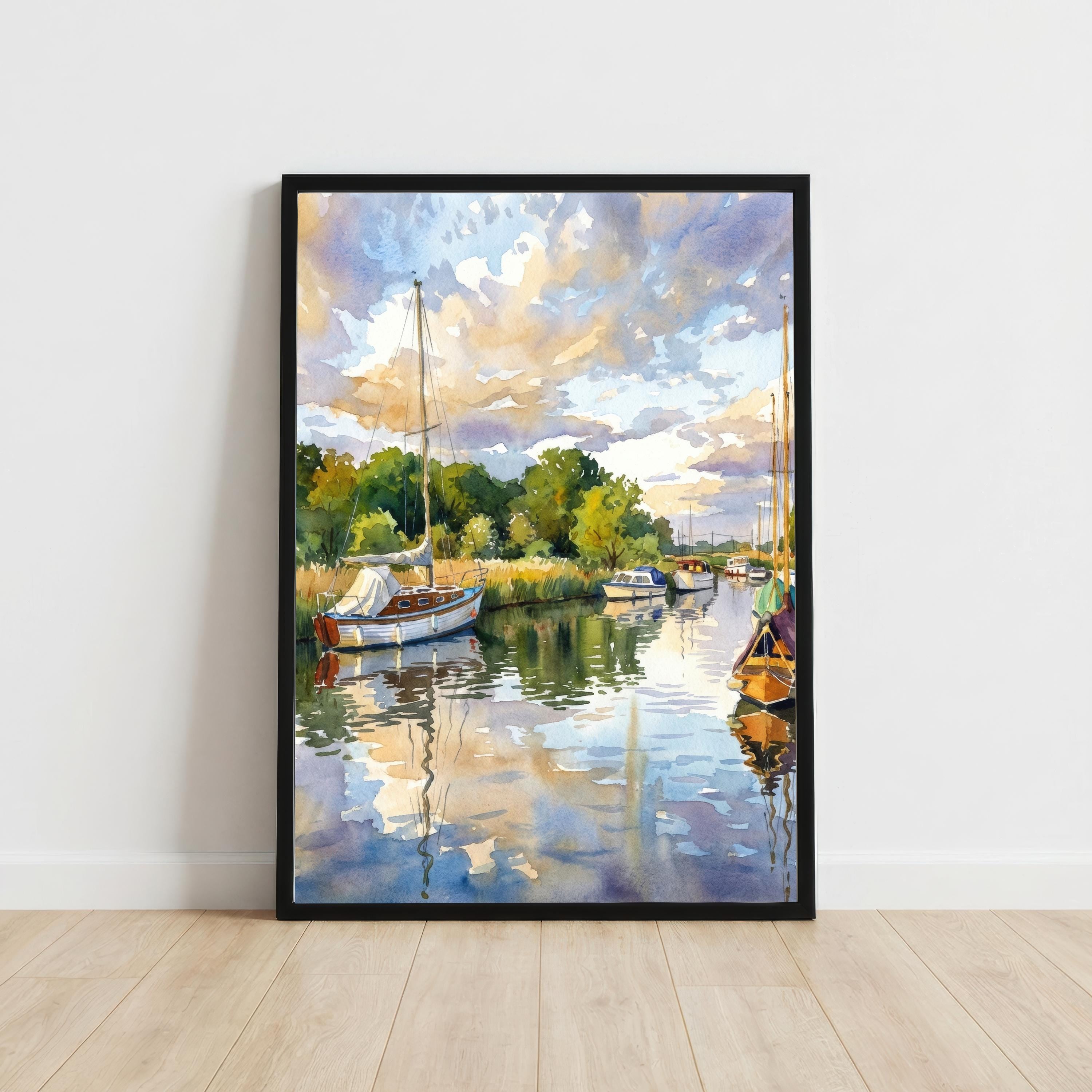 Norfolk Broads Watercolor Painting Poster England Wall Art River Landscape Print Gift for UK Travel Lovers and Fans of Scenic British