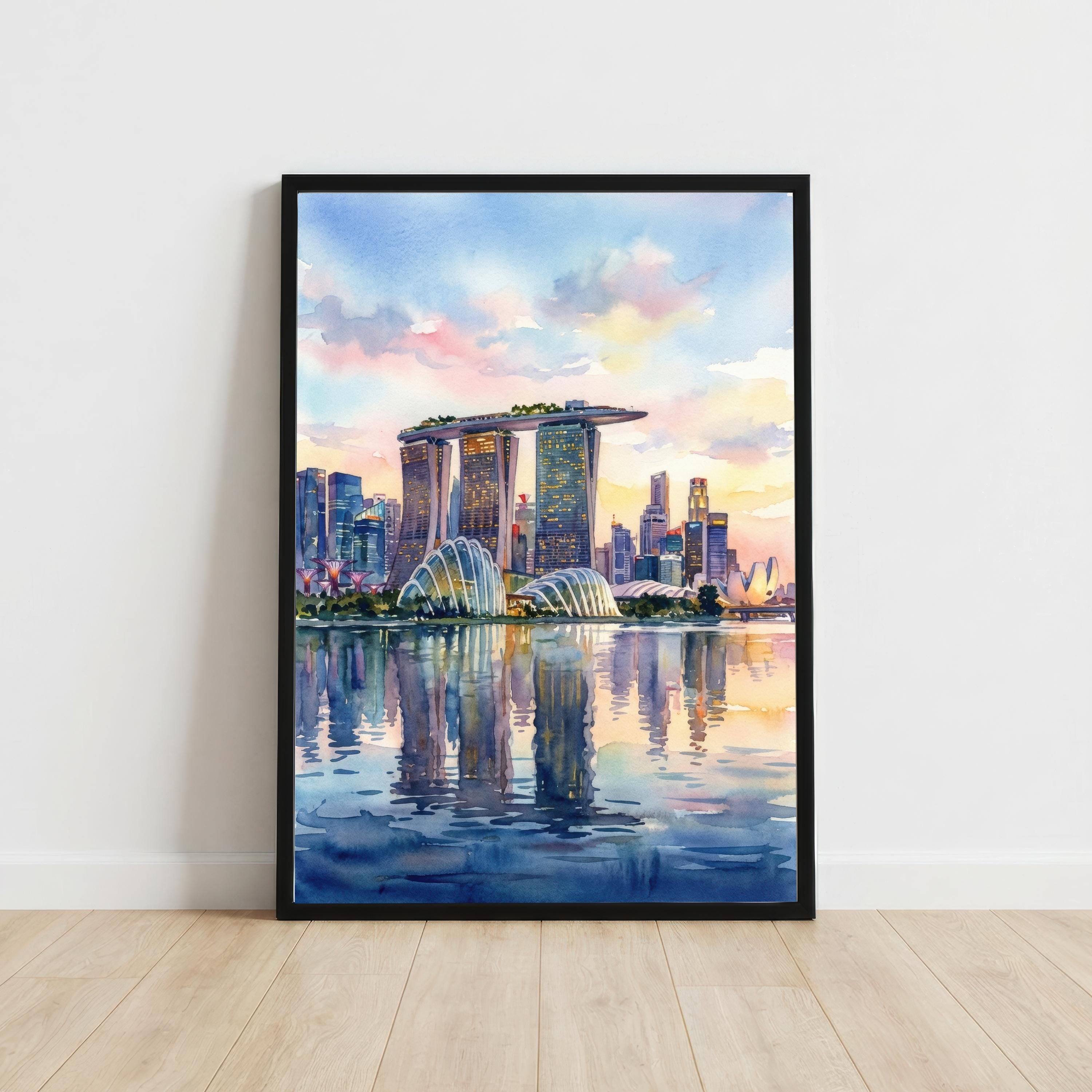 Singapore City Watercolor Painting Poster Wall Art Skyline Landscape Print Gift for Asia Travel Lovers and Fans of Scenic Modern