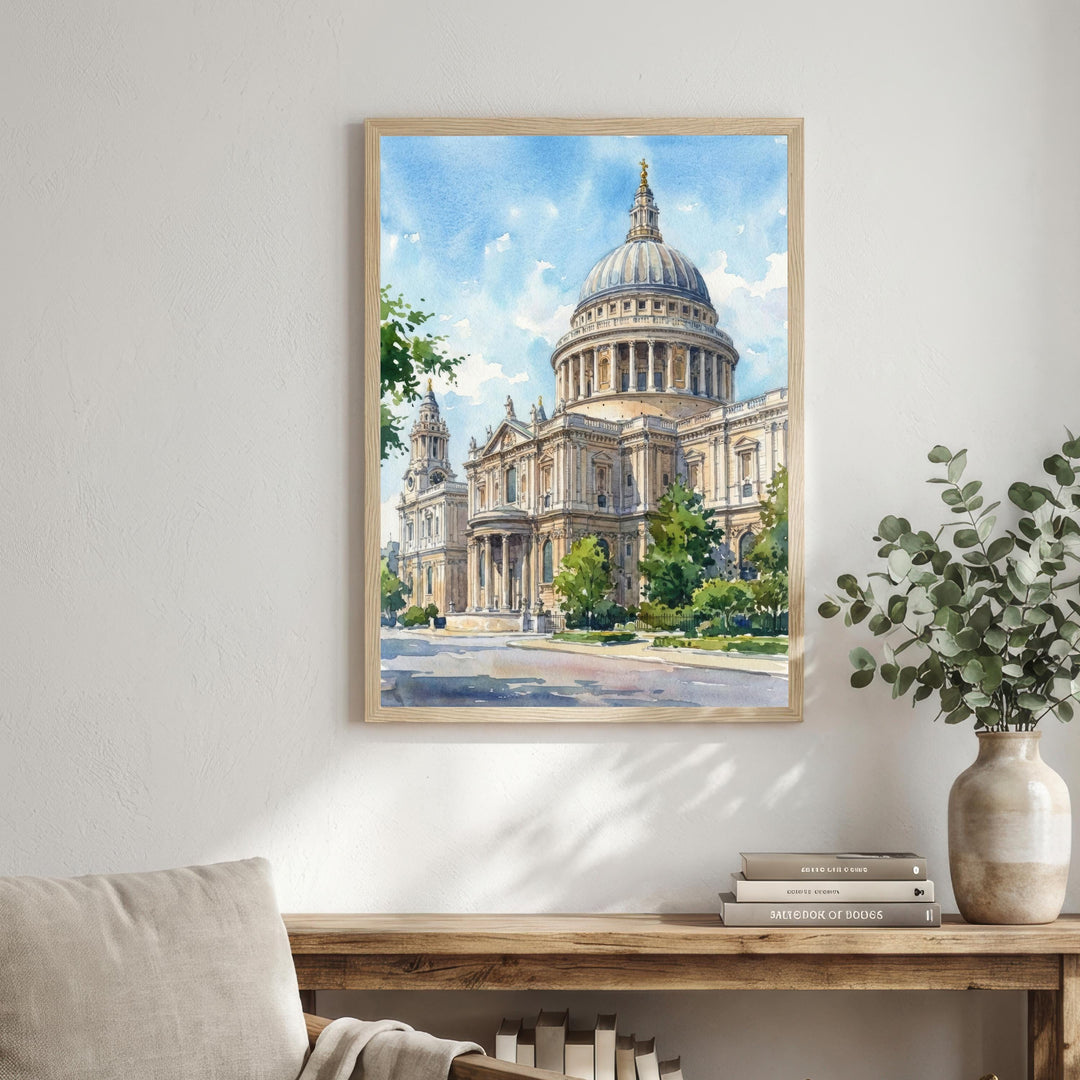 St Pauls Cathedral Watercolour Painting Poster London England Wall Art Landmark Print Gift for UK Travel Lovers and Fans of Historic British