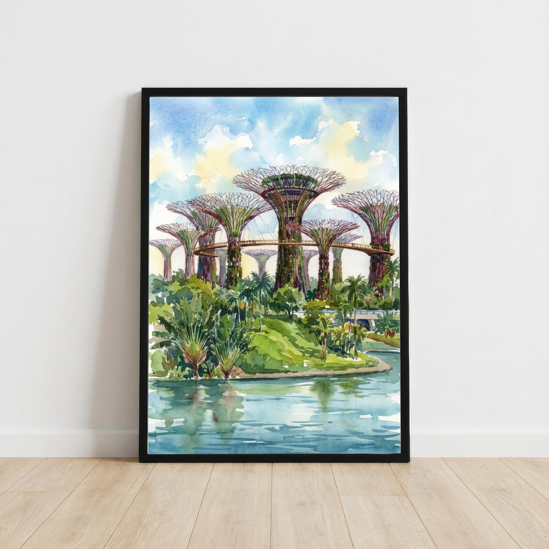Supertree Grove Singapore Watercolor Painting Poster Wall Art Skyline Landscape Print Gift for Asia Travel Lovers and Fans of Modern