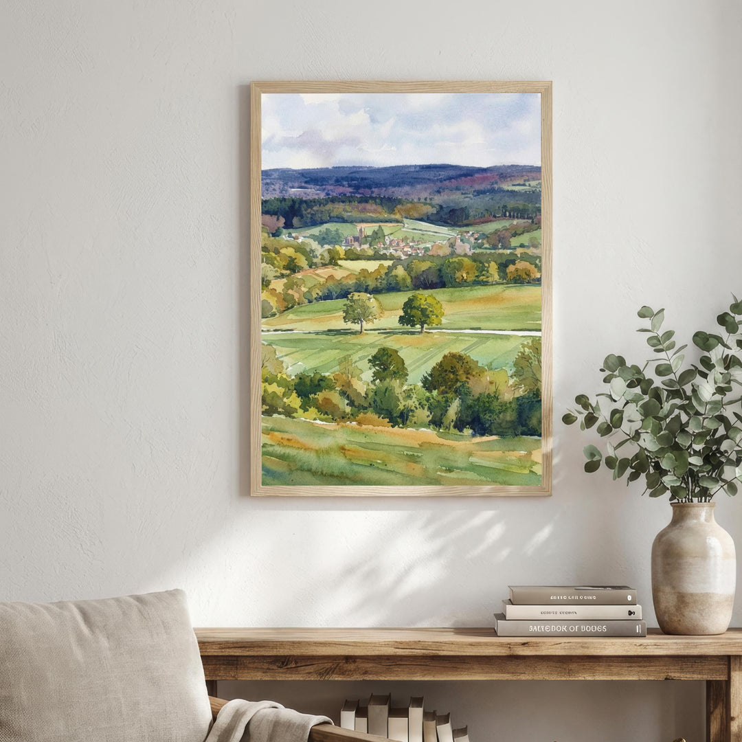 Surrey Hills Watercolour Painting Poster England Wall Art Countryside Landscape Print Gift for UK Travel Lovers and Fans of Scenic British