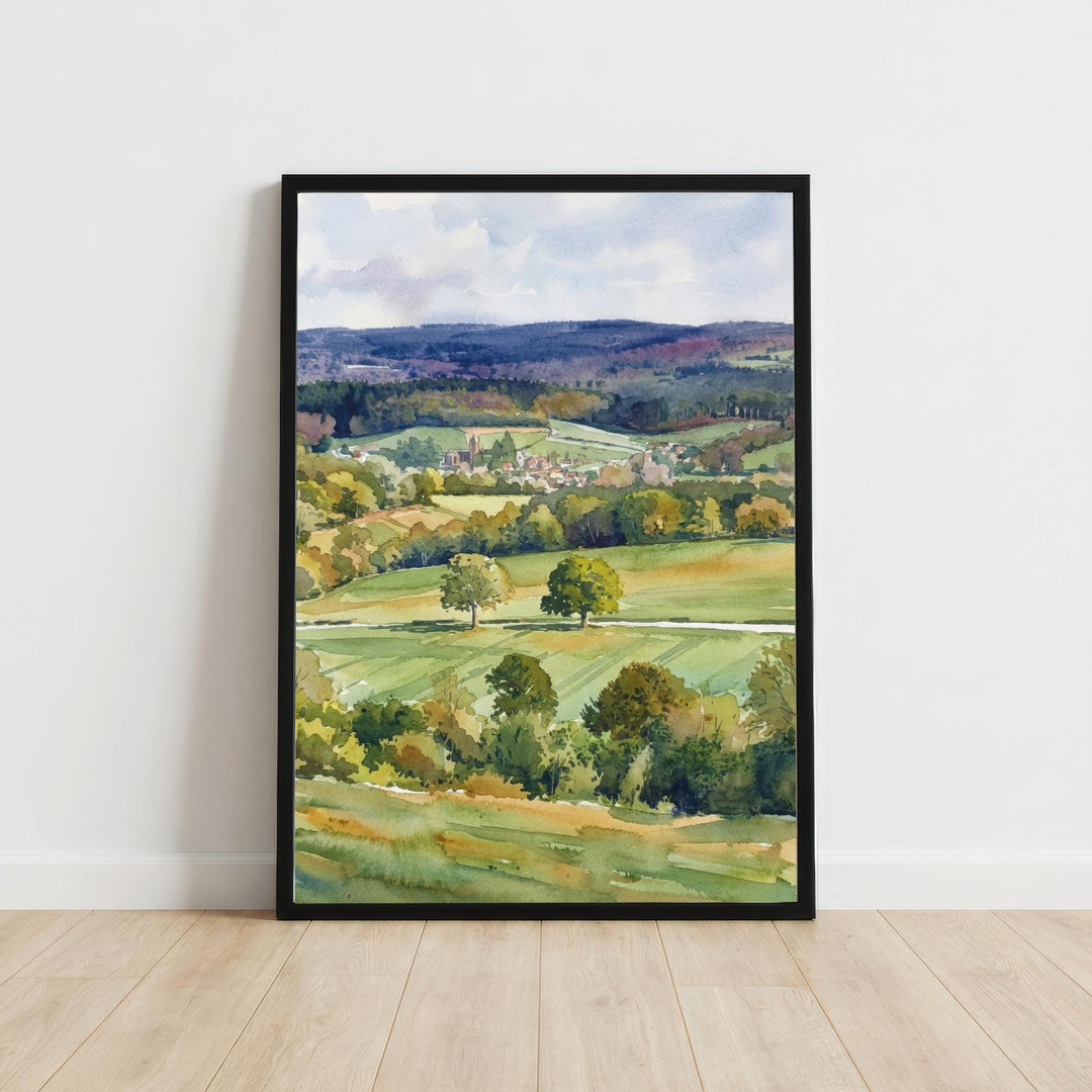 Surrey Hills Watercolour Painting Poster England Wall Art Countryside Landscape Print Gift for UK Travel Lovers and Fans of Scenic British