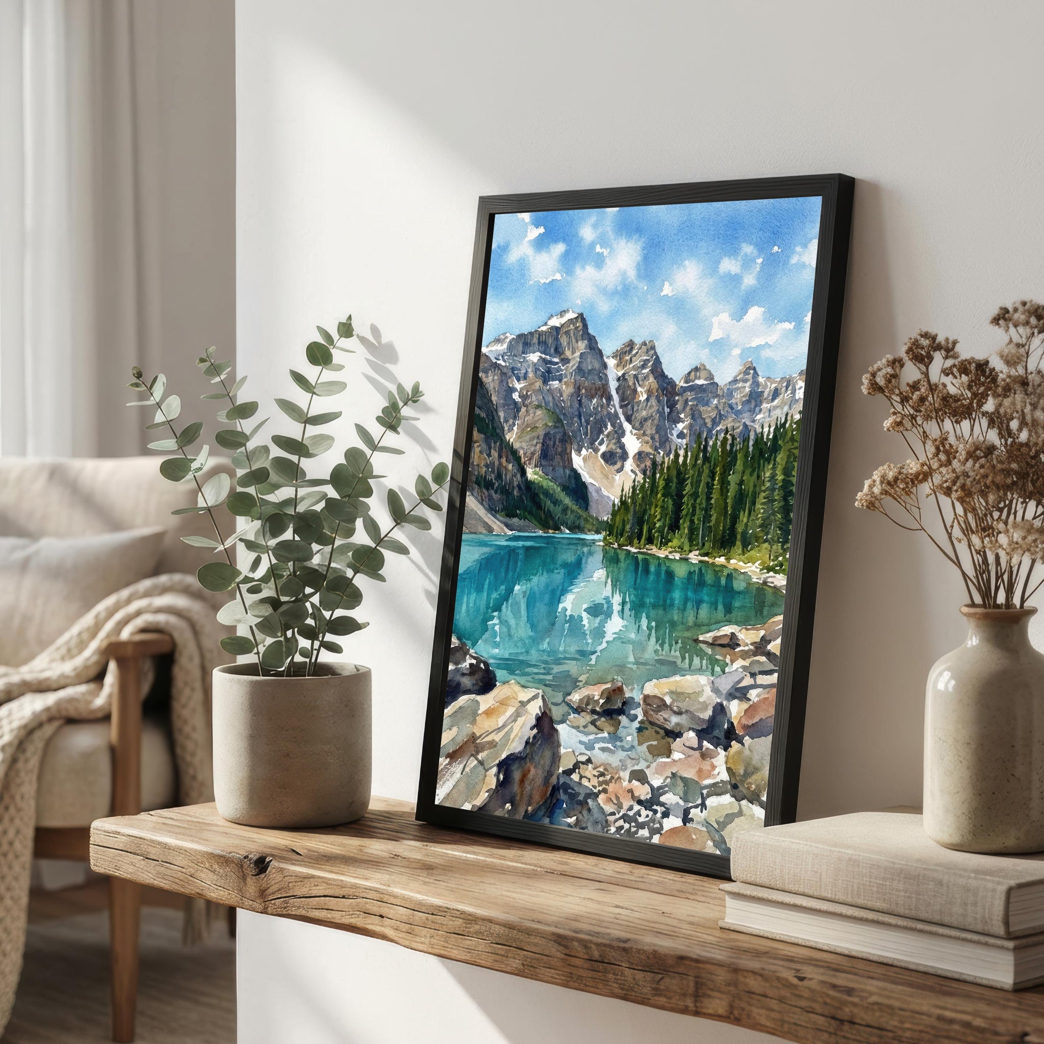 Banff National Park Watercolor Painting Poster Canada Wall Art Mountain Landscape Print Gift for Nature Lovers and Fans of Scenic Canadian