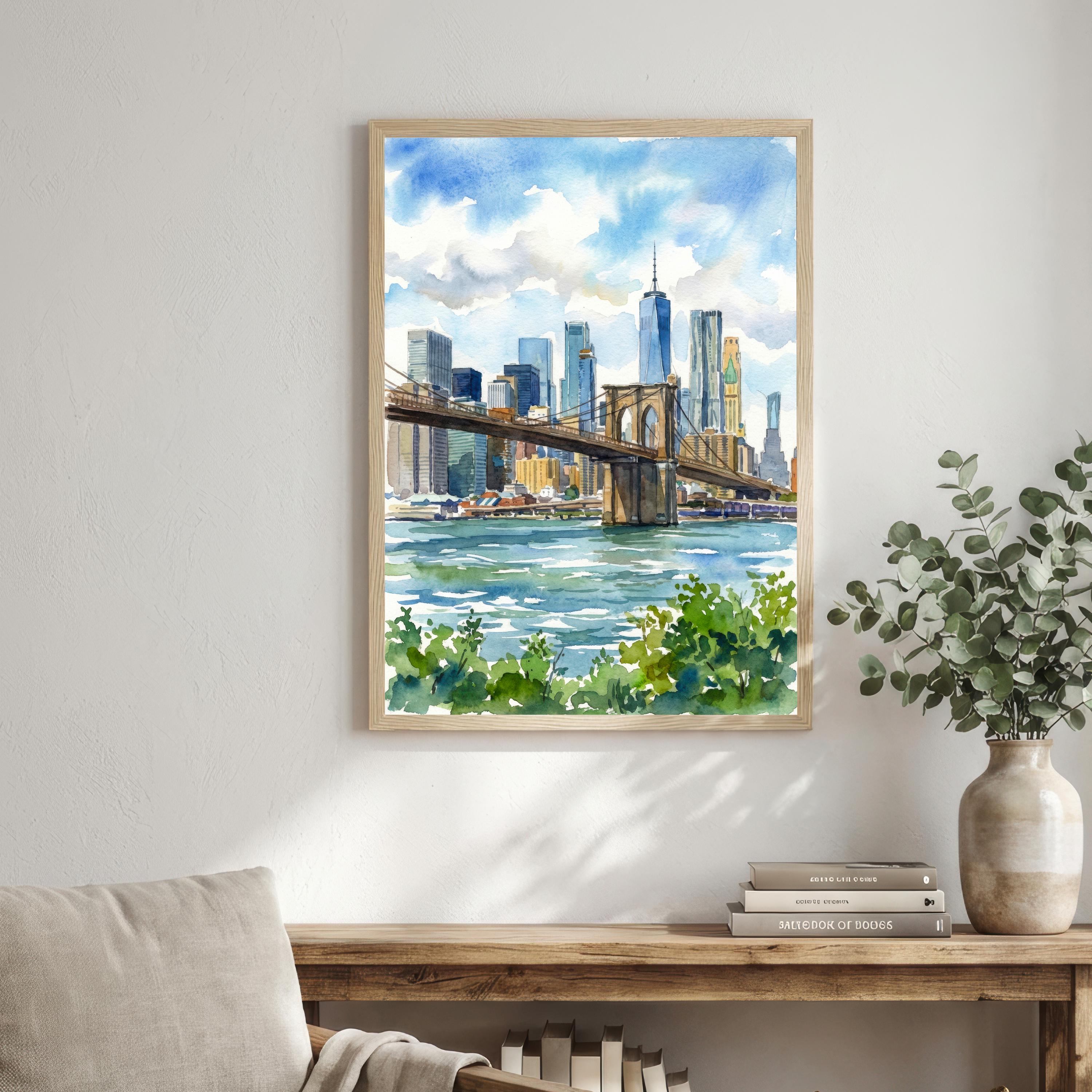 Brooklyn Bridge Watercolour Painting Poster New York City Wall Art Skyline Landscape Print Gift for USA Travel Lovers and Fans of Urban