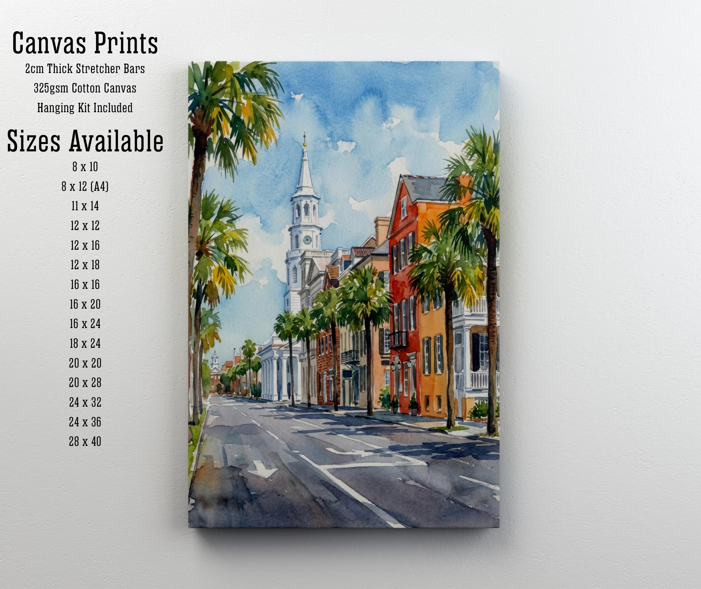 Charleston South Carolina Watercolor Painting Poster USA Wall Art Historic City Landscape Print Gift for Travel Lovers and Fans of Southern