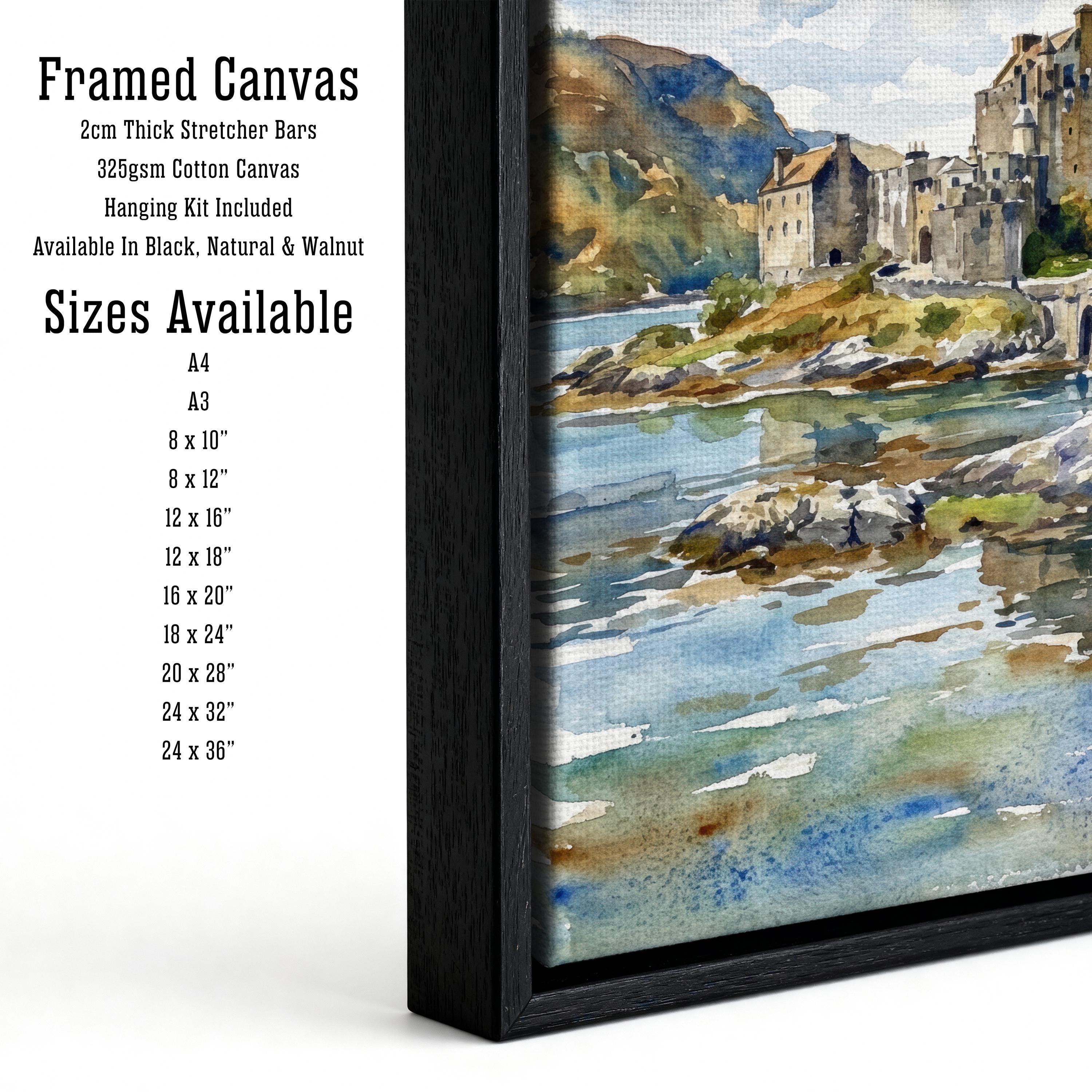 Eilean Donan Castle Scotland Watercolour Painting Poster Wall Art Highland Landscape Print Gift for UK Travel Lovers and Scenic Historic