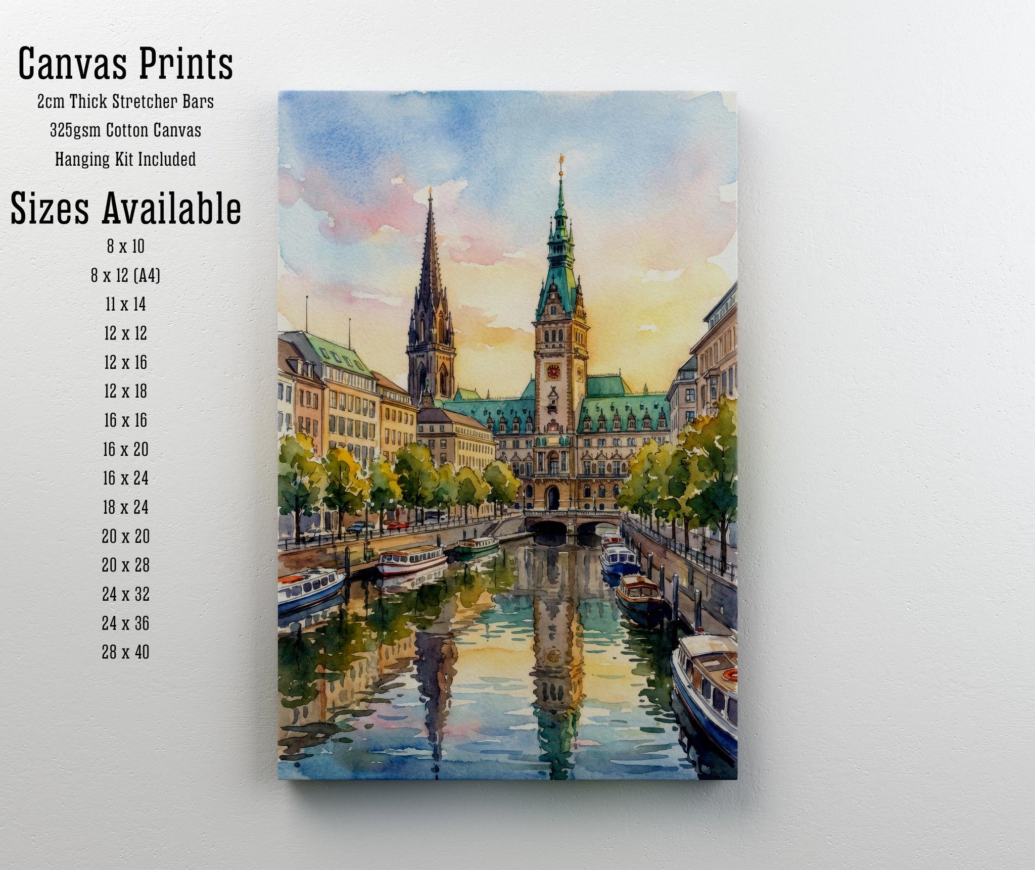 Hamburg Watercolour Painting Poster Germany Wall Art City Skyline Landscape Print Gift for Europe Travel Lovers and Fans of Scenic Urban