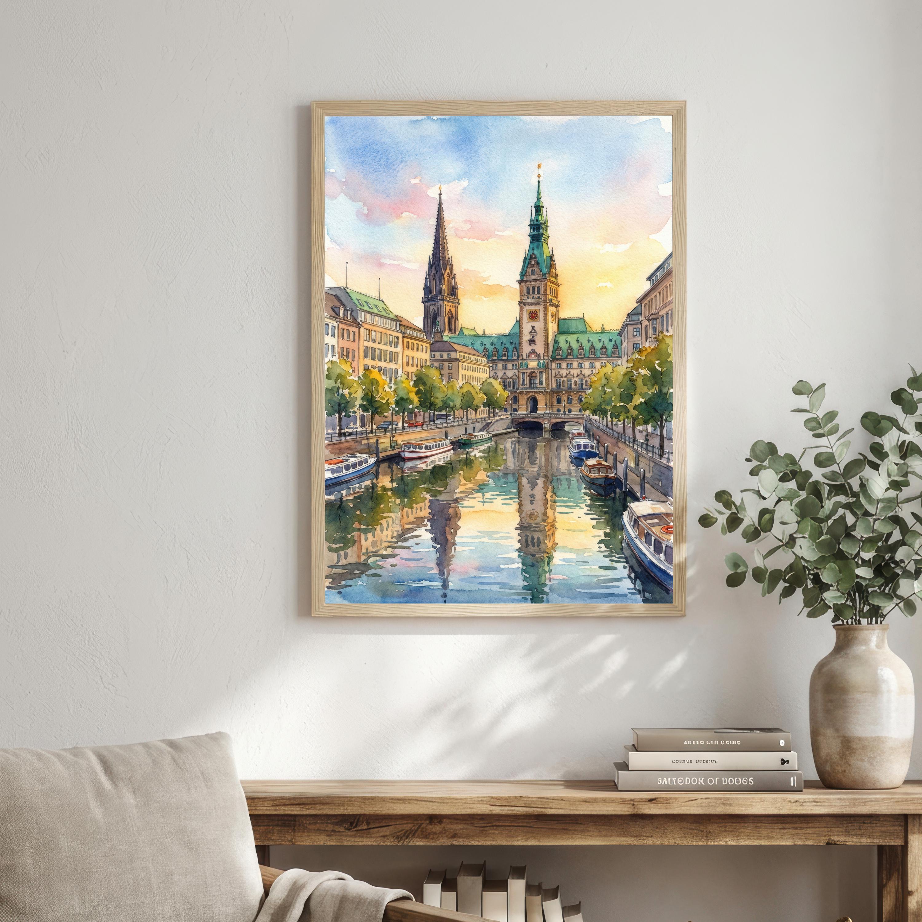 Hamburg Watercolour Painting Poster Germany Wall Art City Skyline Landscape Print Gift for Europe Travel Lovers and Fans of Scenic Urban