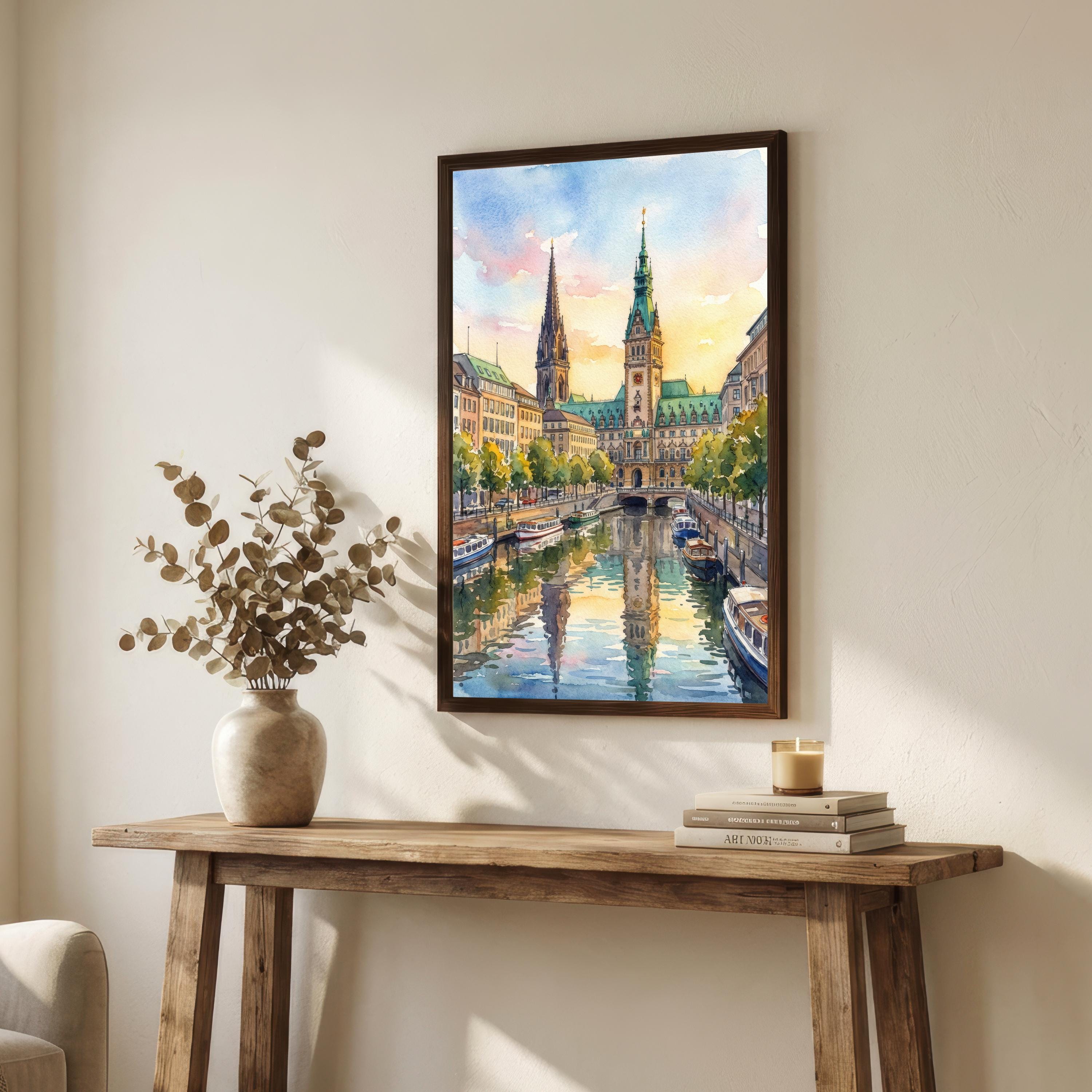 Hamburg Watercolour Painting Poster Germany Wall Art City Skyline Landscape Print Gift for Europe Travel Lovers and Fans of Scenic Urban