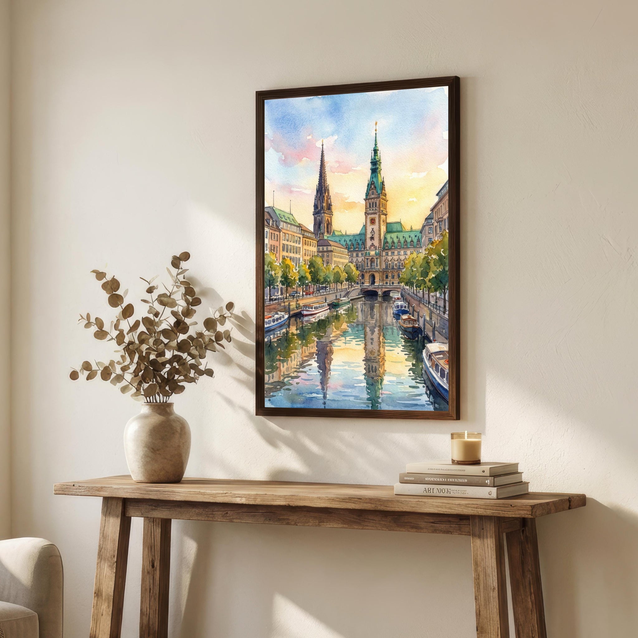 Hamburg Watercolour Painting Poster Germany Wall Art City Skyline Landscape Print Gift for Europe Travel Lovers and Fans of Scenic Urban