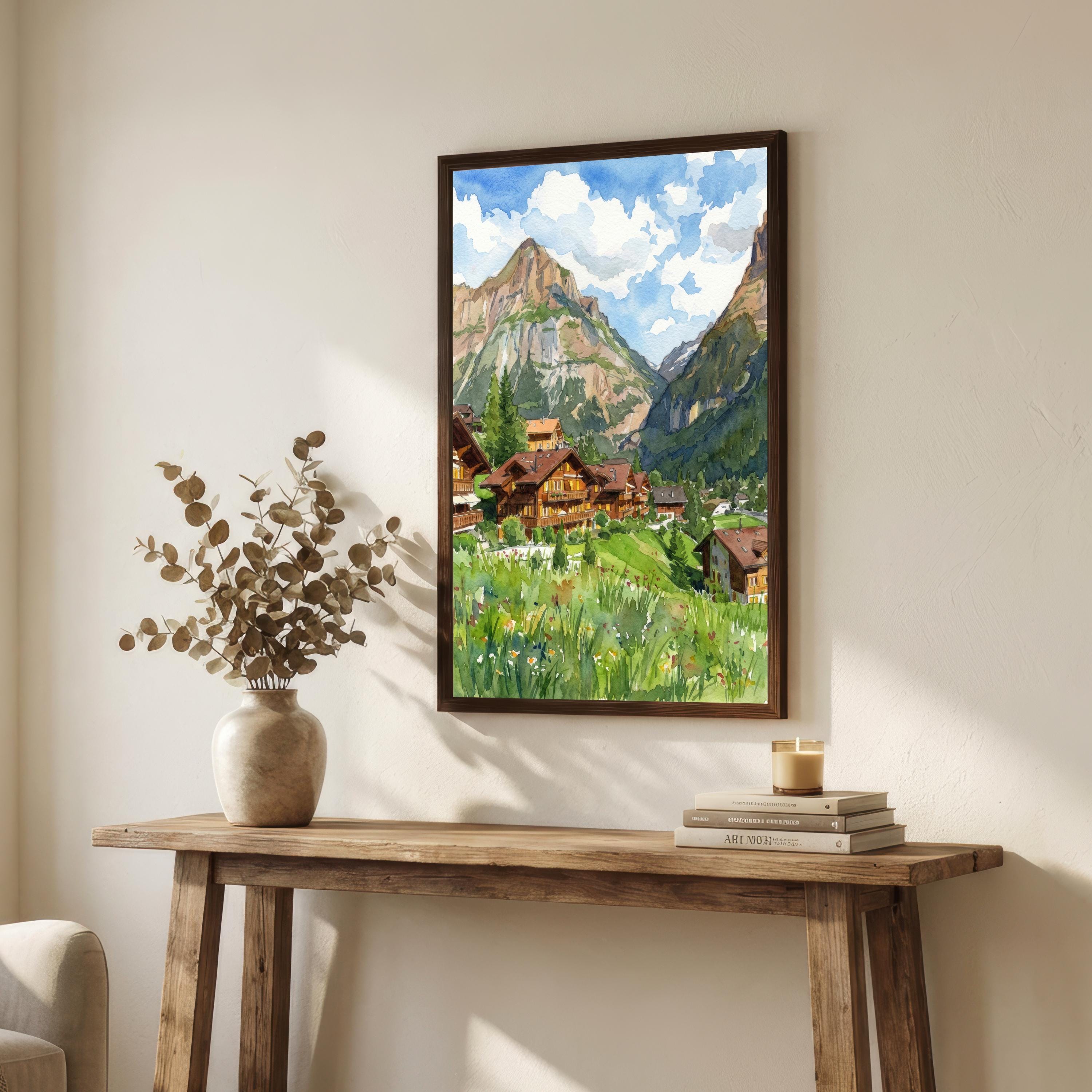 Grindelwald Watercolour Painting Poster Switzerland Wall Art Alpine Mountain Landscape Print Gift for Europe Travel Lovers and Scenic Decor