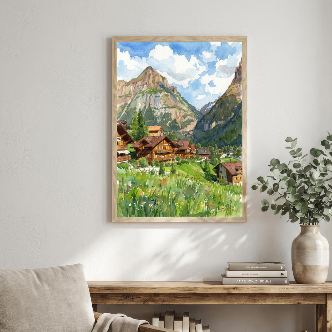 Grindelwald Watercolour Painting Poster Switzerland Wall Art Alpine Mountain Landscape Print Gift for Europe Travel Lovers and Scenic Decor