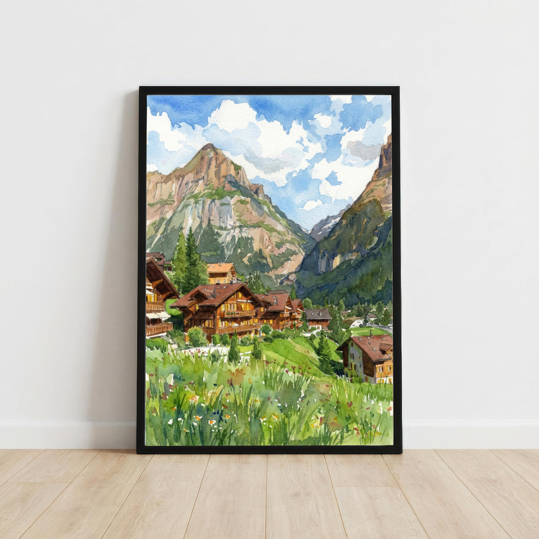 Grindelwald Watercolour Painting Poster Switzerland Wall Art Alpine Mountain Landscape Print Gift for Europe Travel Lovers and Scenic Decor