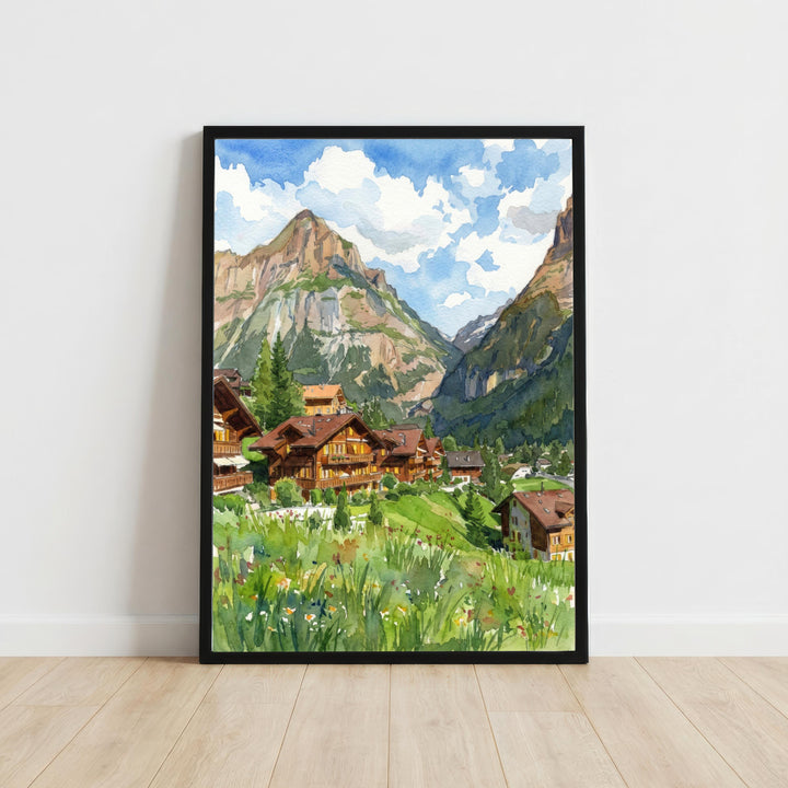 Grindelwald Watercolour Painting Poster Switzerland Wall Art Alpine Mountain Landscape Print Gift for Europe Travel Lovers and Scenic Decor
