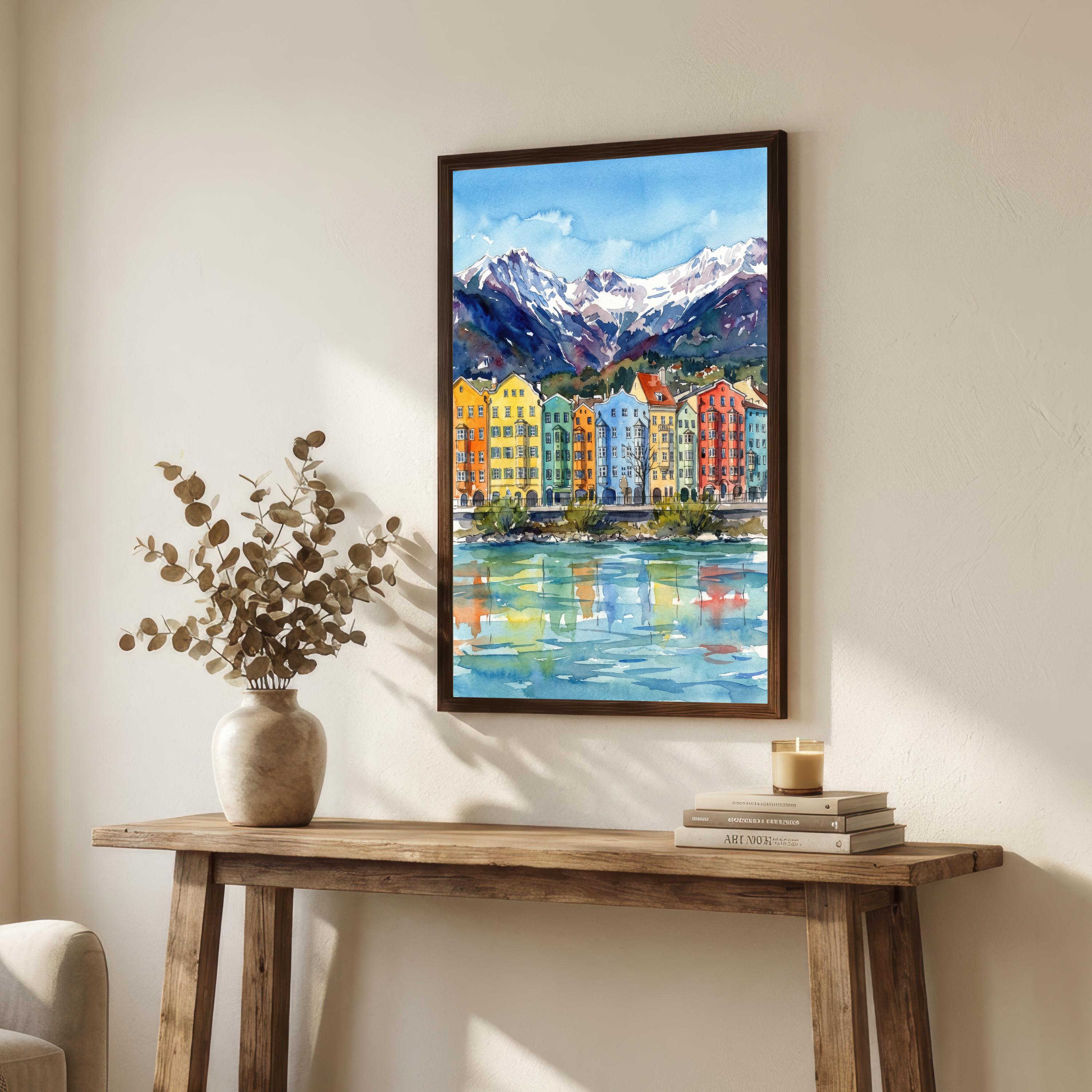 Innsbruck Watercolour Painting Print: Alpine City Mountain Landscape Wall Art
