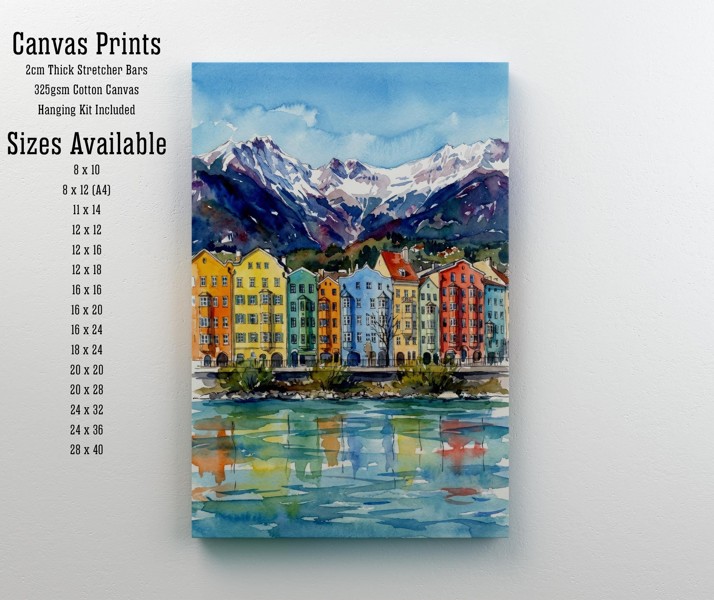 Innsbruck Watercolour Painting Print: Alpine City Mountain Landscape Wall Art