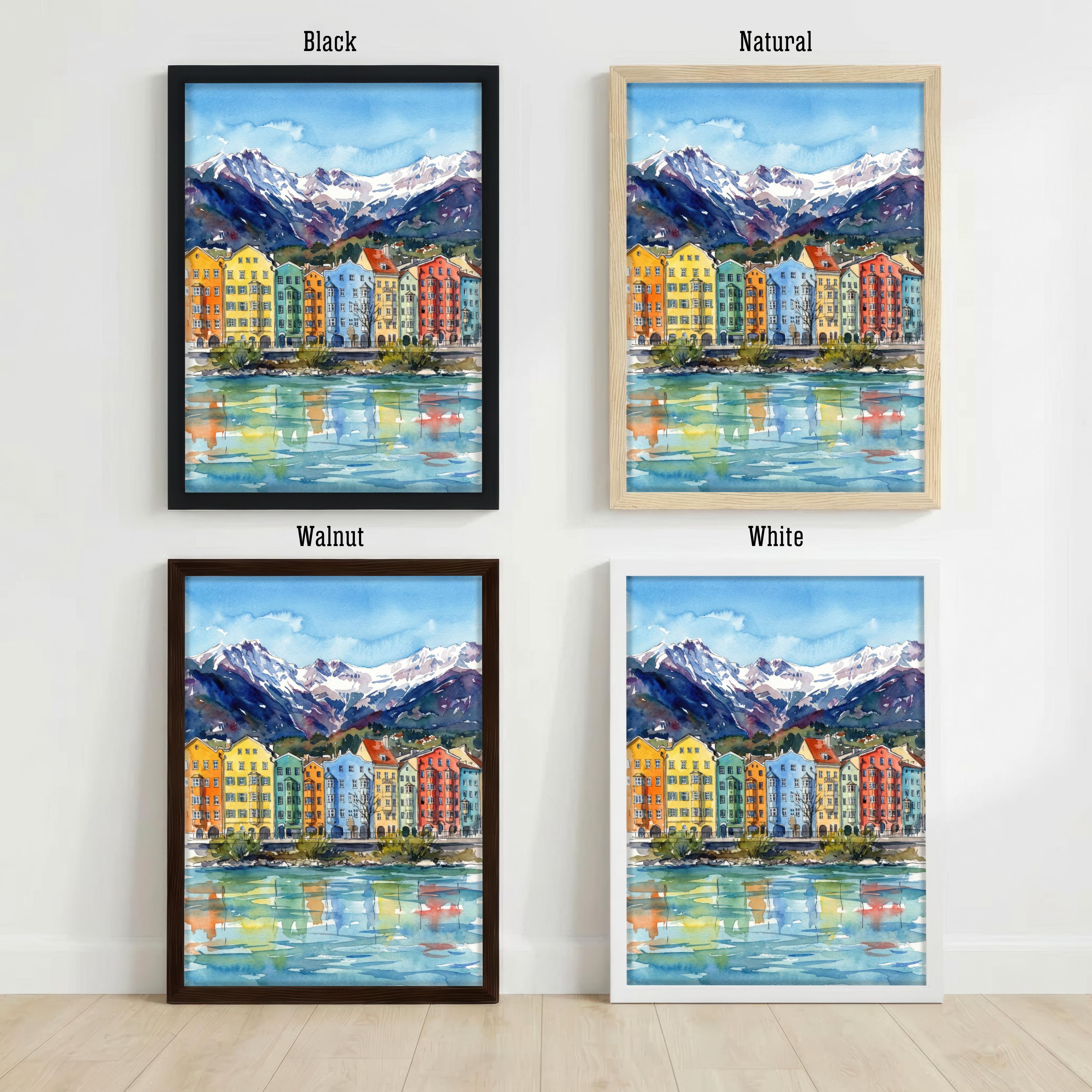 Innsbruck Watercolour Painting Print: Alpine City Mountain Landscape Wall Art