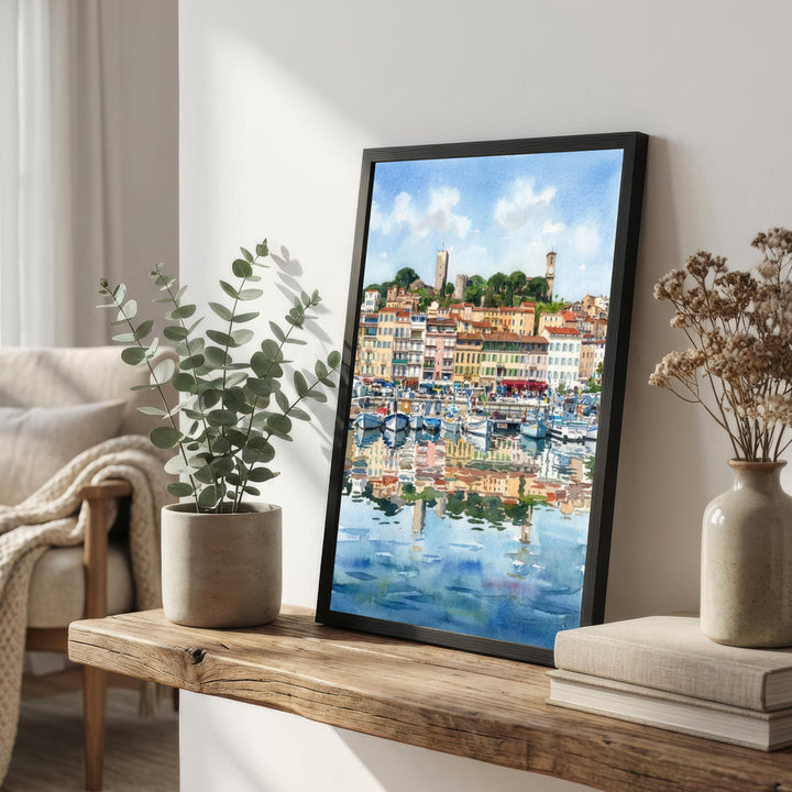 Cannes Watercolour Painting Poster France Wall Art Coastal City Landscape Print Gift for Europe Travel Lovers and Fans of Scenic Riviera