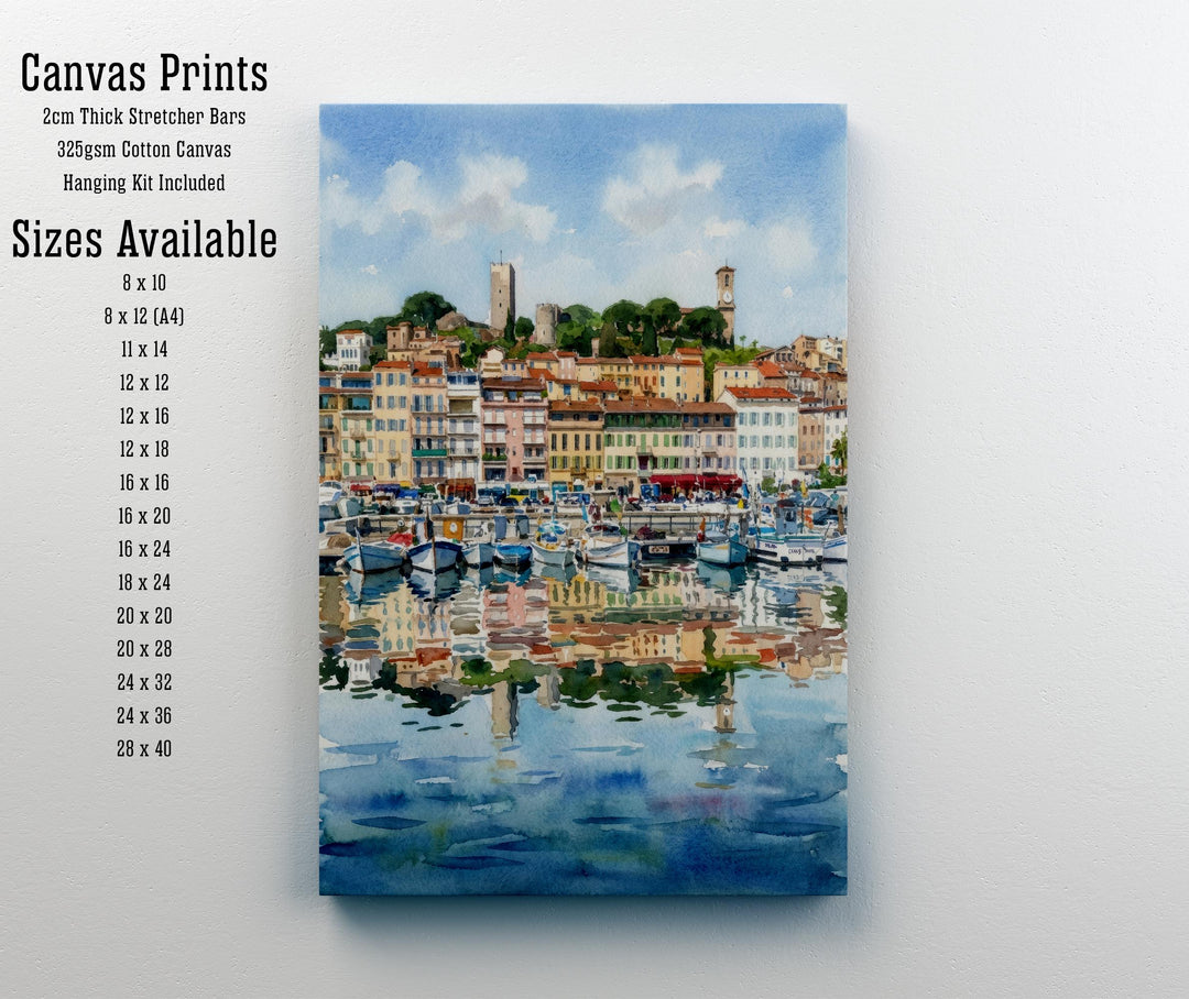 Cannes Watercolour Painting Poster France Wall Art Coastal City Landscape Print Gift for Europe Travel Lovers and Fans of Scenic Riviera
