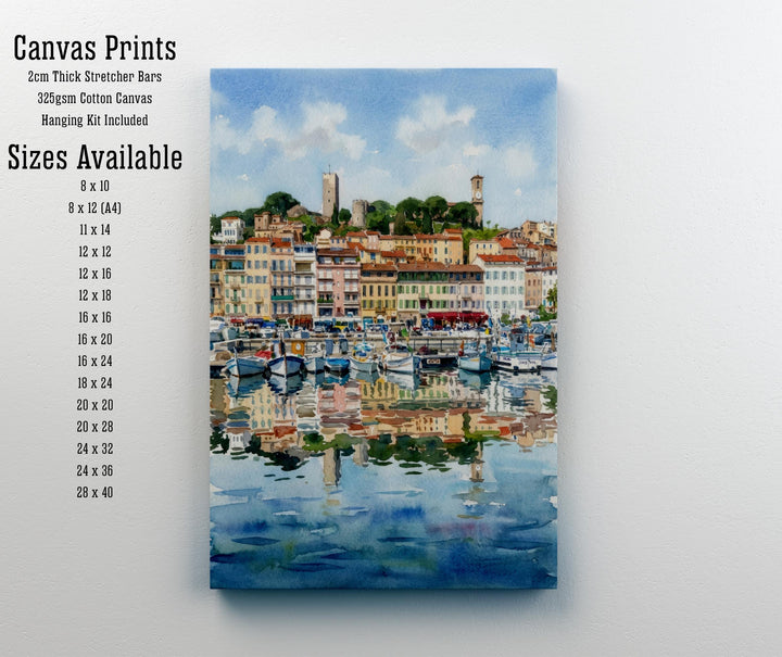 Cannes Watercolour Painting Poster France Wall Art Coastal City Landscape Print Gift for Europe Travel Lovers and Fans of Scenic Riviera