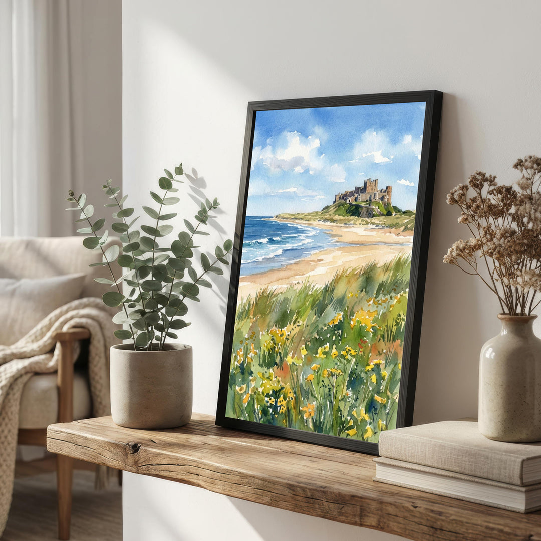 Bamburgh Castle Watercolour Painting: Northumberland Coastal Landscape Print