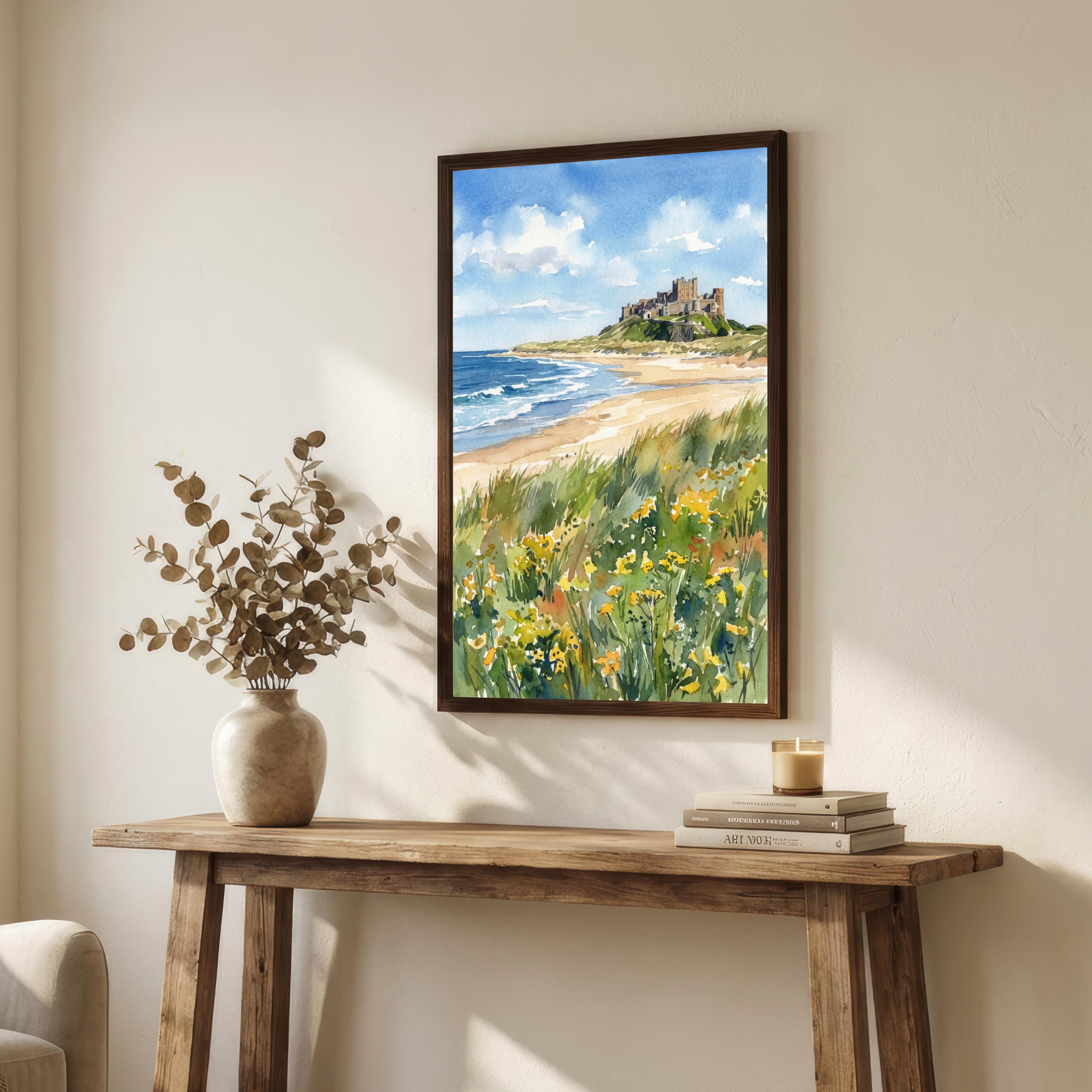 Bamburgh Castle Watercolour Painting Poster England Wall Art Coastal Landscape Print Gift for UK Travel Lovers and Fans of Scenic Historic