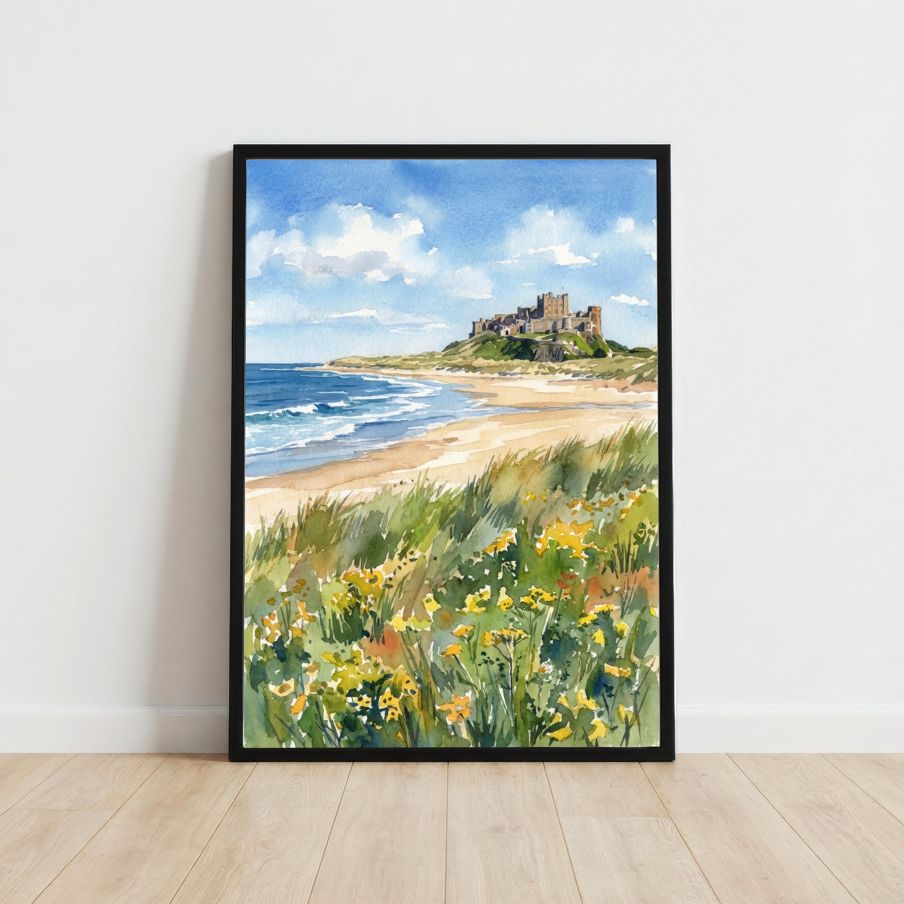 Bamburgh Castle Watercolour Painting Poster England Wall Art Coastal Landscape Print Gift for UK Travel Lovers and Fans of Scenic Historic