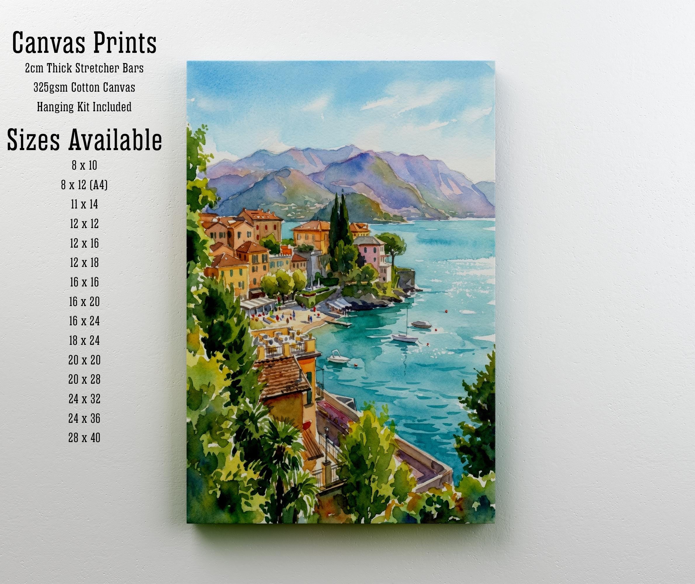 Lake Como Watercolour Painting Poster Italy Wall Art Mountain Lake Landscape Print Gift for Europe Travel Lovers and Scenic Italian Decor