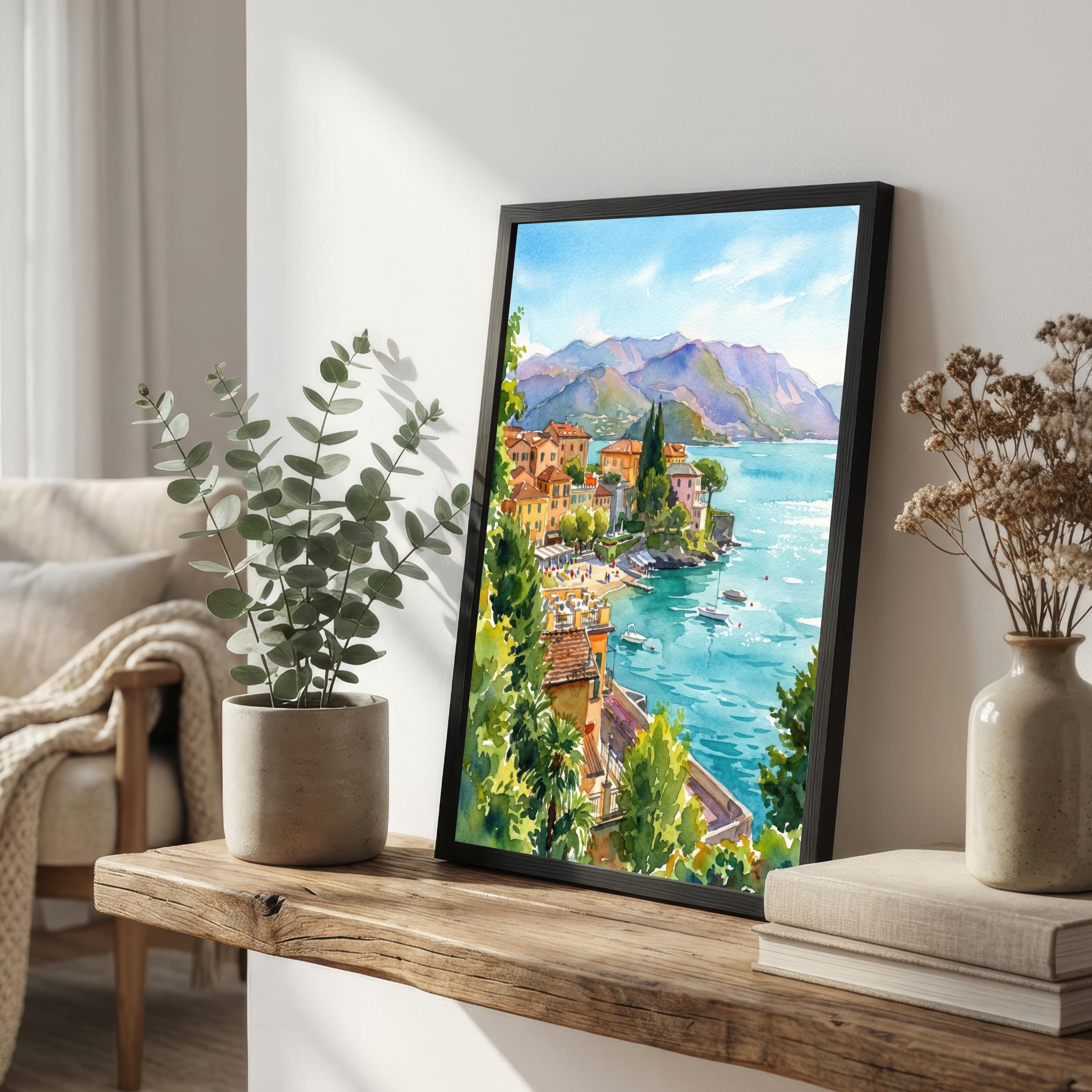 Lake Como Watercolour Painting Poster Italy Wall Art Mountain Lake Landscape Print Gift for Europe Travel Lovers and Scenic Italian Decor