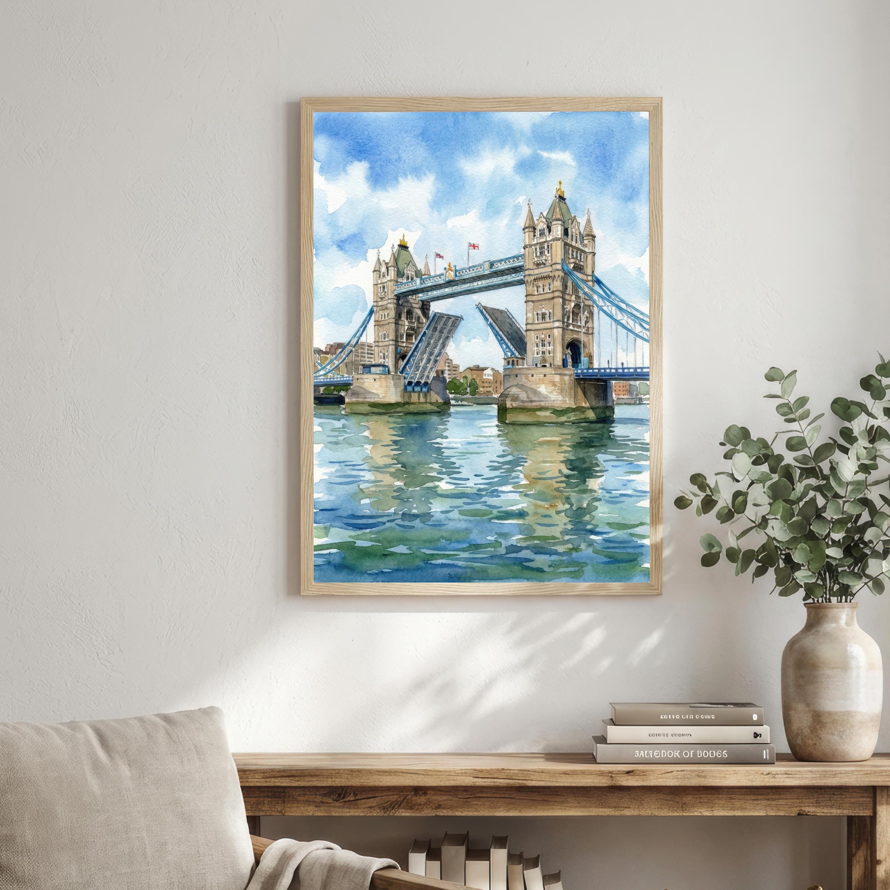 London Bridge Watercolour Painting Poster London England Wall Art City Landmark Landscape Print Gift for UK Travel Lovers and Historic Decor